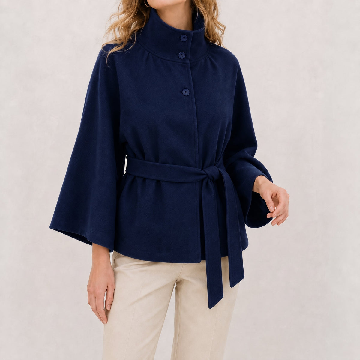 Sarah - Women's Belted Cape Jacket with Funnel Collar - Capes - Navy - Davies & Cooper