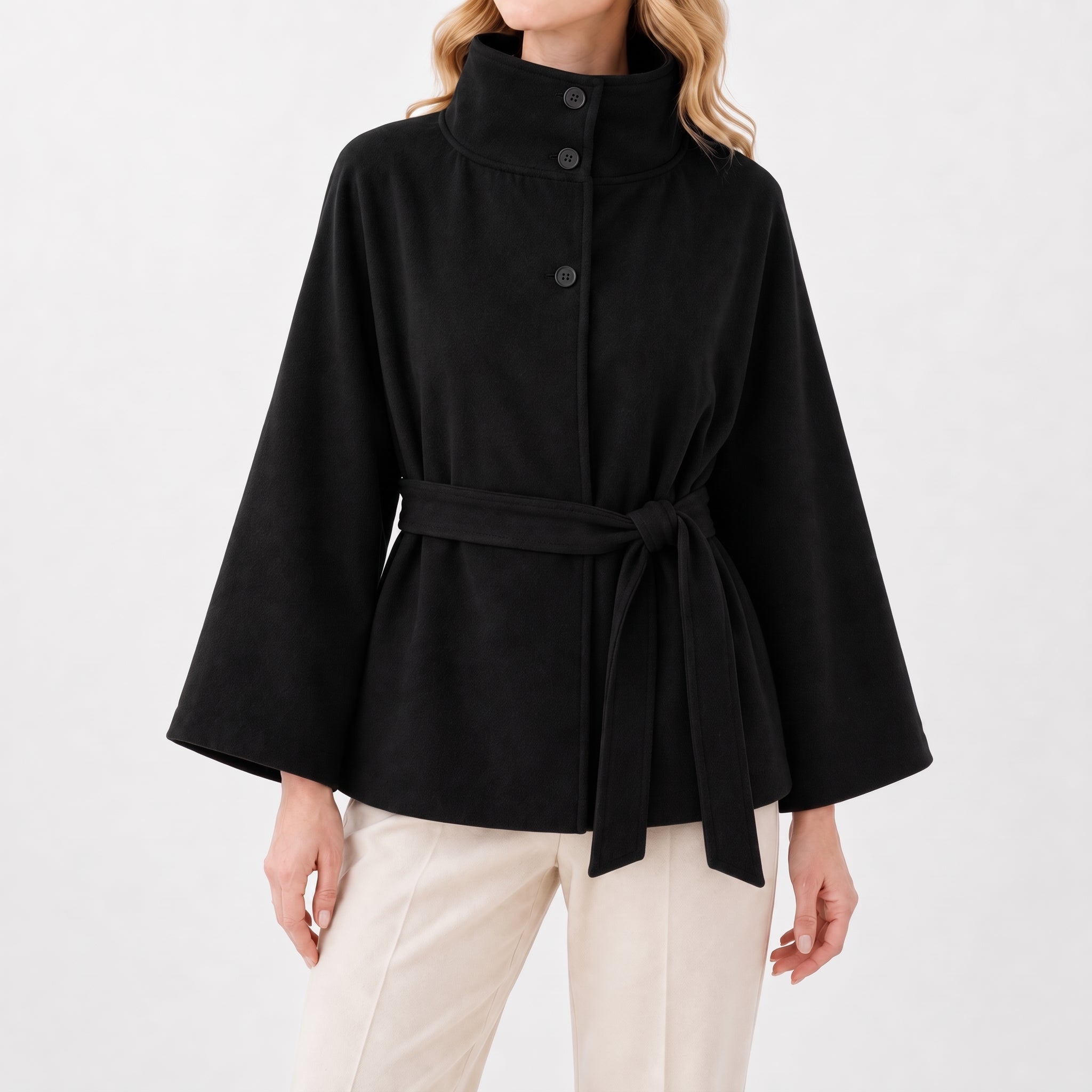 Sarah - Women's Belted Cape Jacket with Funnel Collar - Capes - Black - Davies & Cooper
