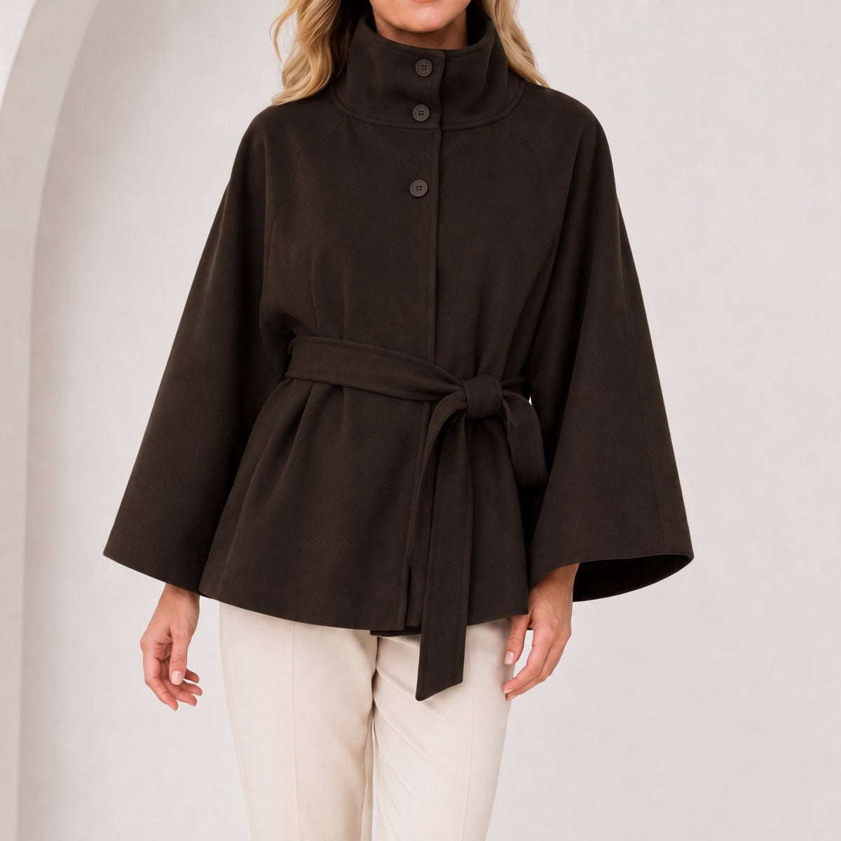 Sarah - Women's Belted Cape Jacket with Funnel Collar - Capes - Coffee - Davies & Cooper