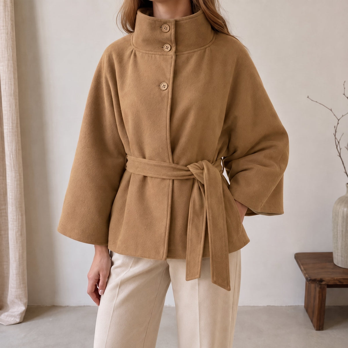 Sarah - Women's Belted Cape Jacket with Funnel Collar - Capes - Khaki - Davies & Cooper
