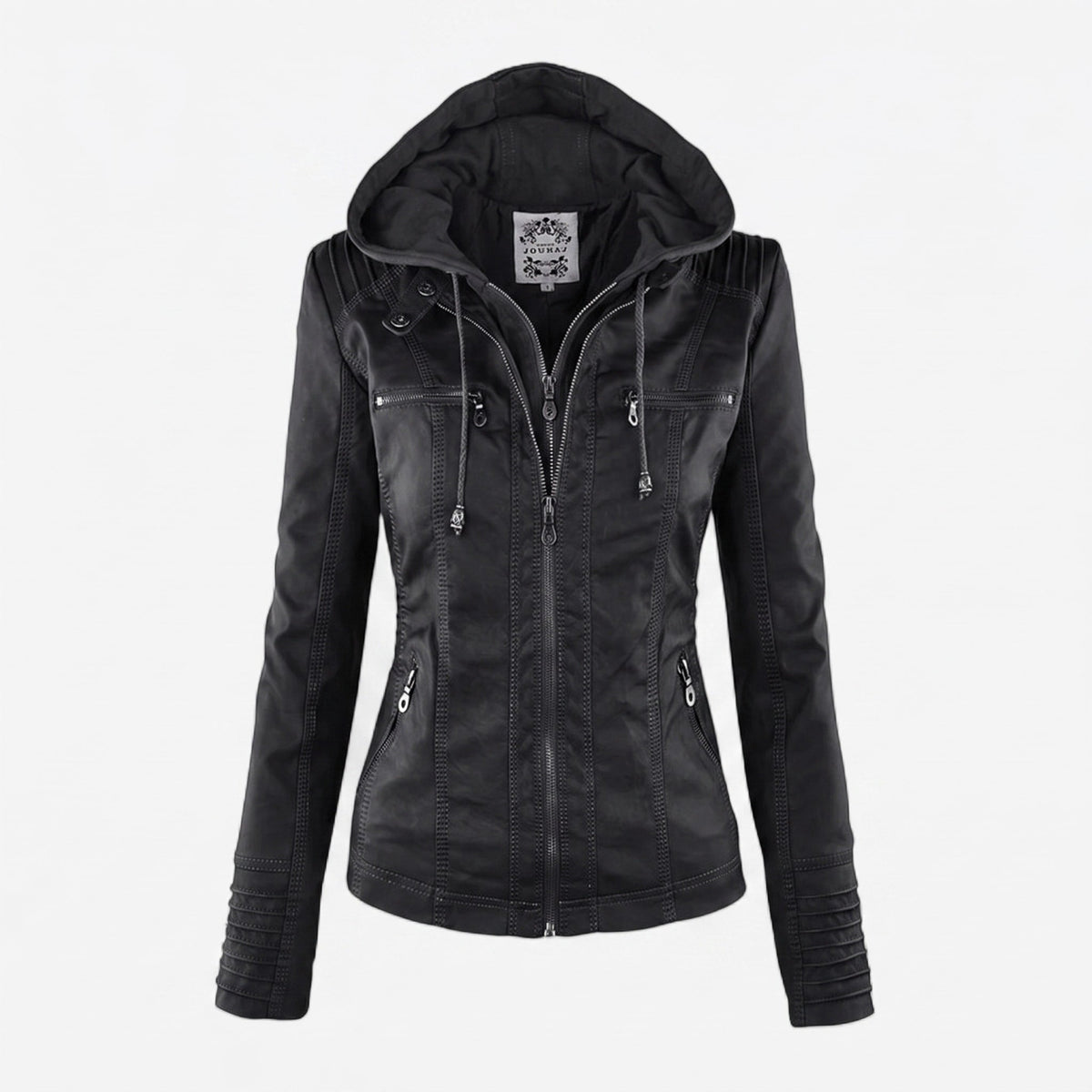 Sarah - Women's Hooded Biker Jacket with Drawstring Hood - Motorcycle Outerwear - Black - Davies & Cooper