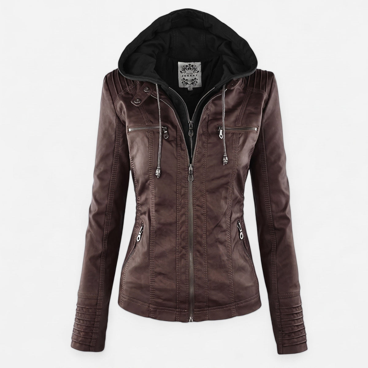 Sarah - Women's Hooded Biker Jacket with Drawstring Hood - Motorcycle Outerwear - Dark Brown - Davies & Cooper