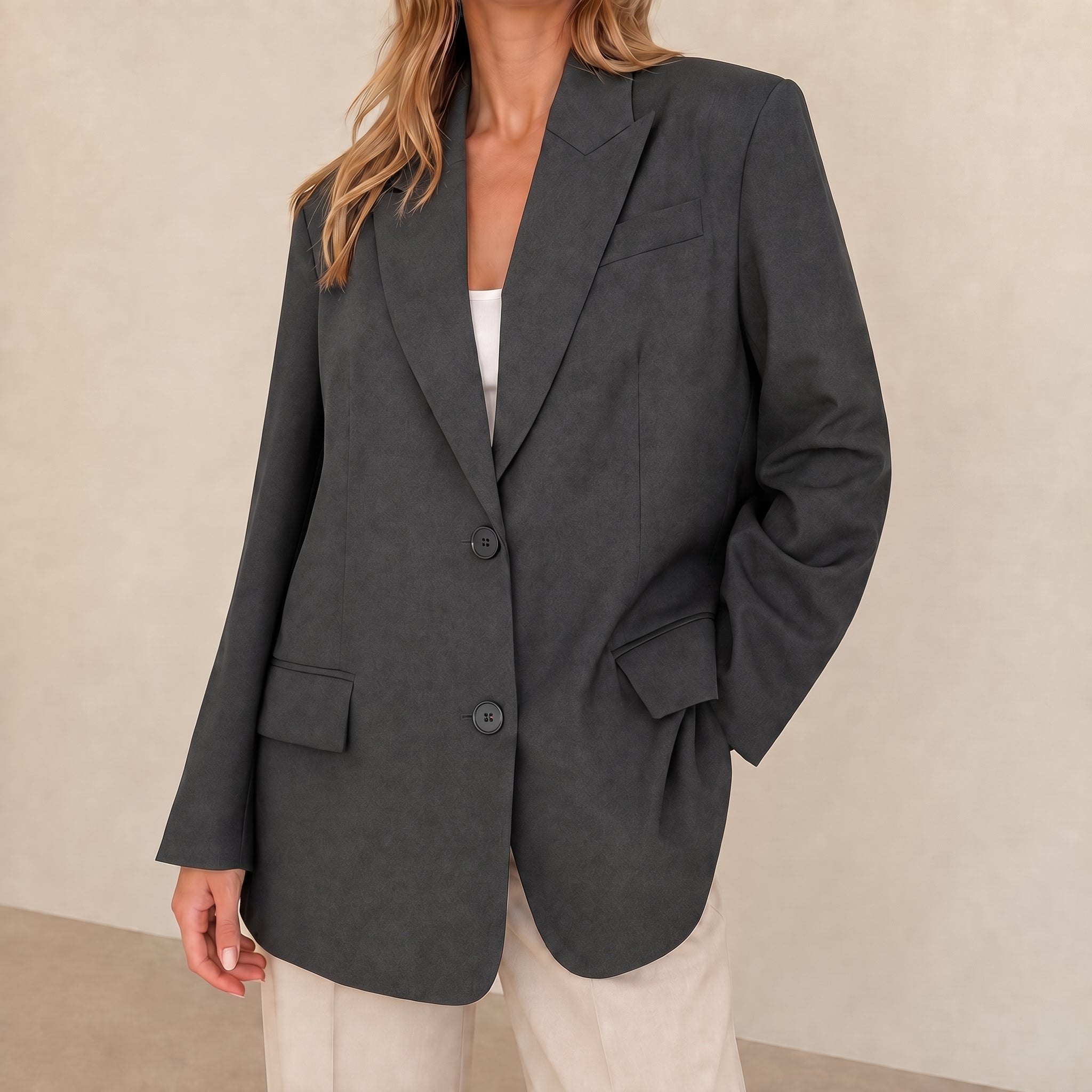 Sarah - Women's Oversized Single-Breasted Blazer with Notched Lapel - Blazers - Grey - Davies & Cooper