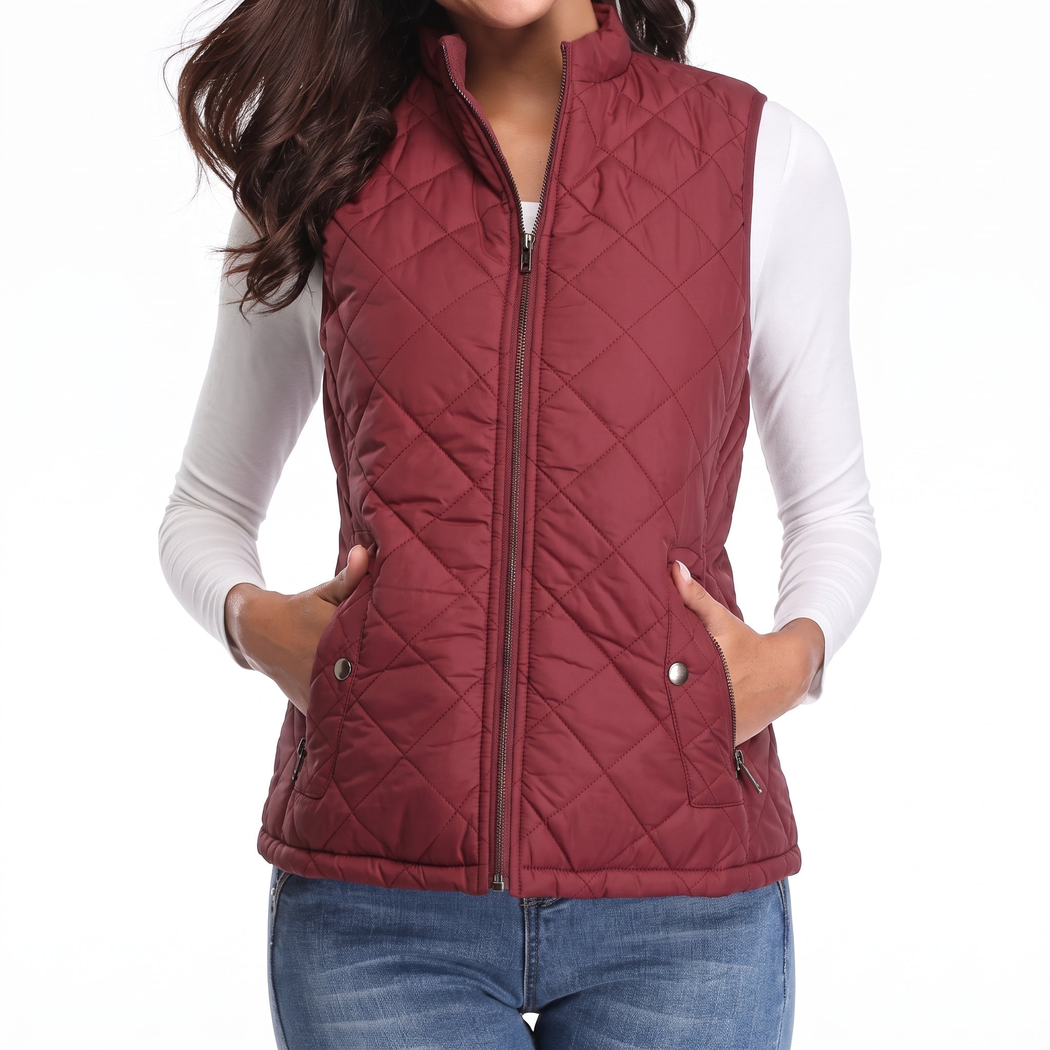 Sarah - Women's Quilted Zip-Front Gilet with Stand Collar - Vests - Burgundy - Davies & Cooper