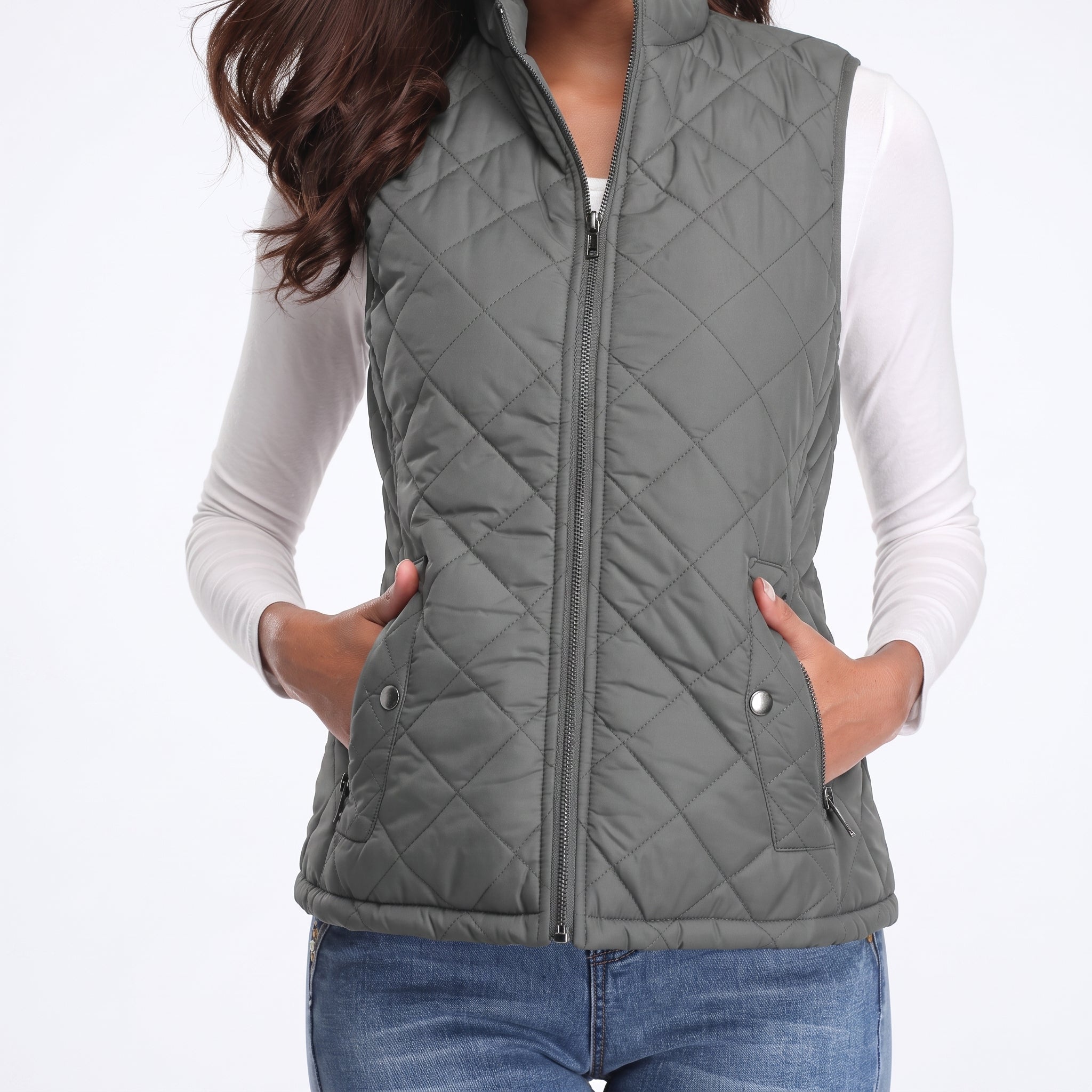 Sarah - Women's Quilted Zip-Front Gilet with Stand Collar - Vests - Grey - Davies & Cooper