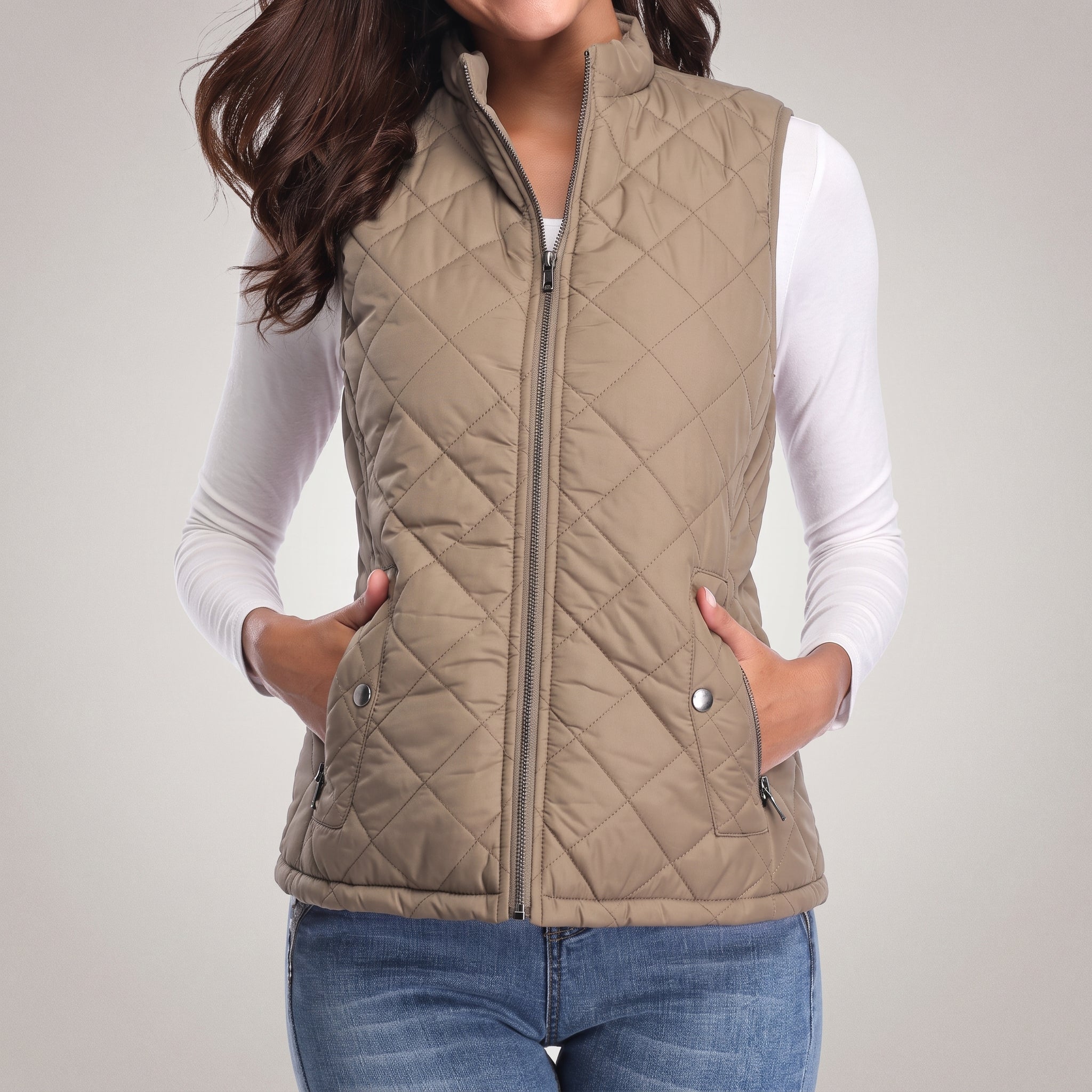 Sarah - Women's Quilted Zip-Front Gilet with Stand Collar - Vests - Khaki - Davies & Cooper