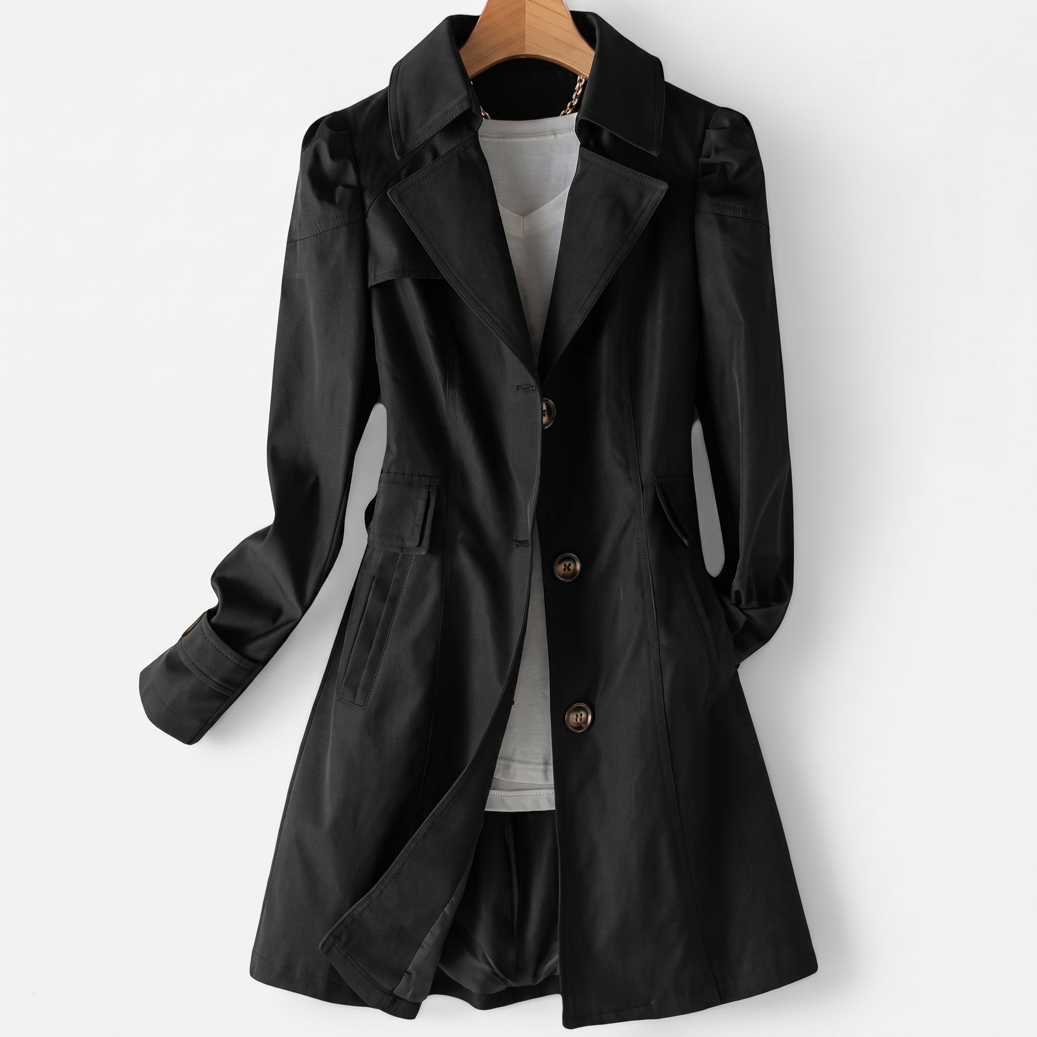 Sarah - Women's Single-Breasted Mid-Length Trench Coat - Trench Coats - Black - Davies & Cooper