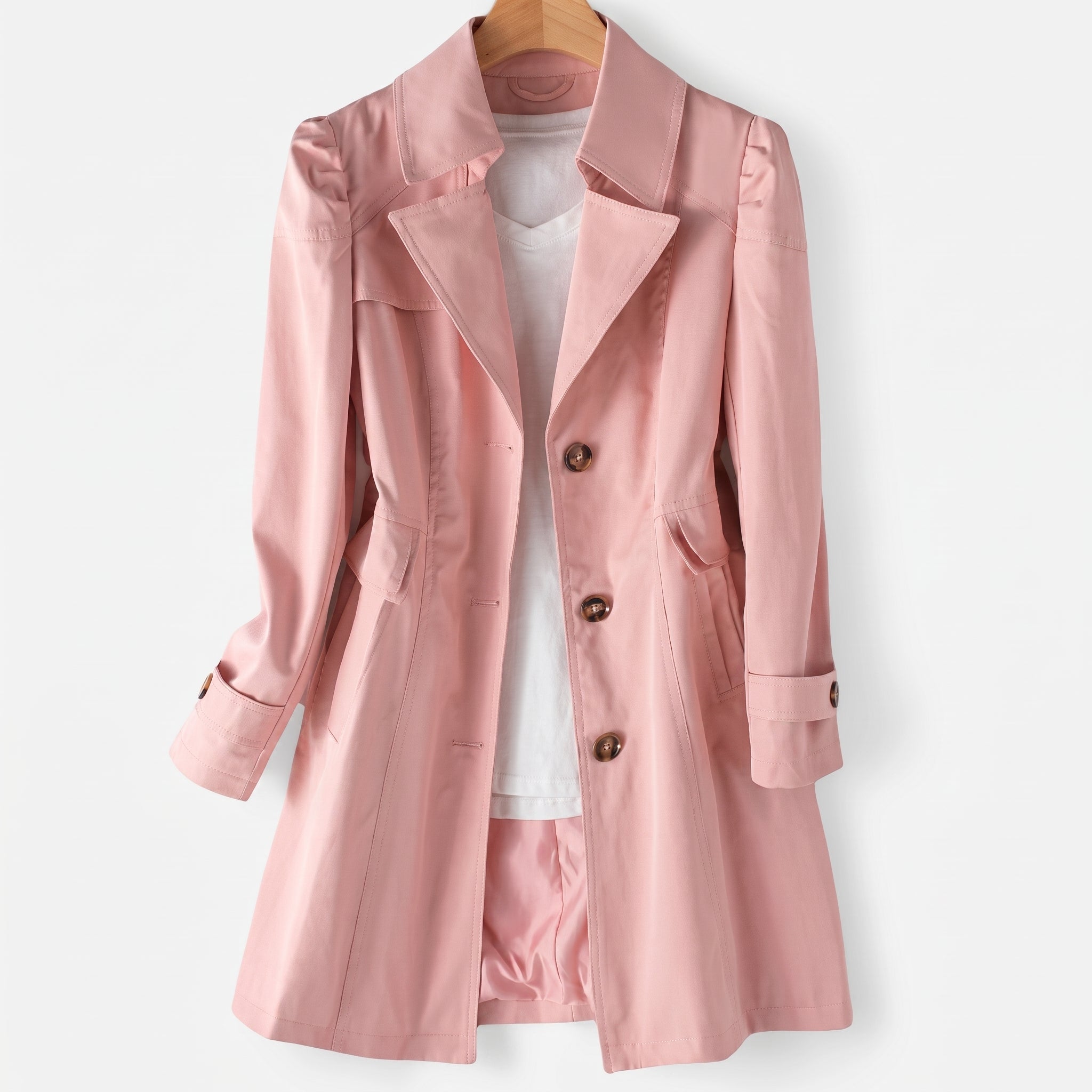 Sarah - Women's Single-Breasted Mid-Length Trench Coat - Trench Coats - Pink - Davies & Cooper