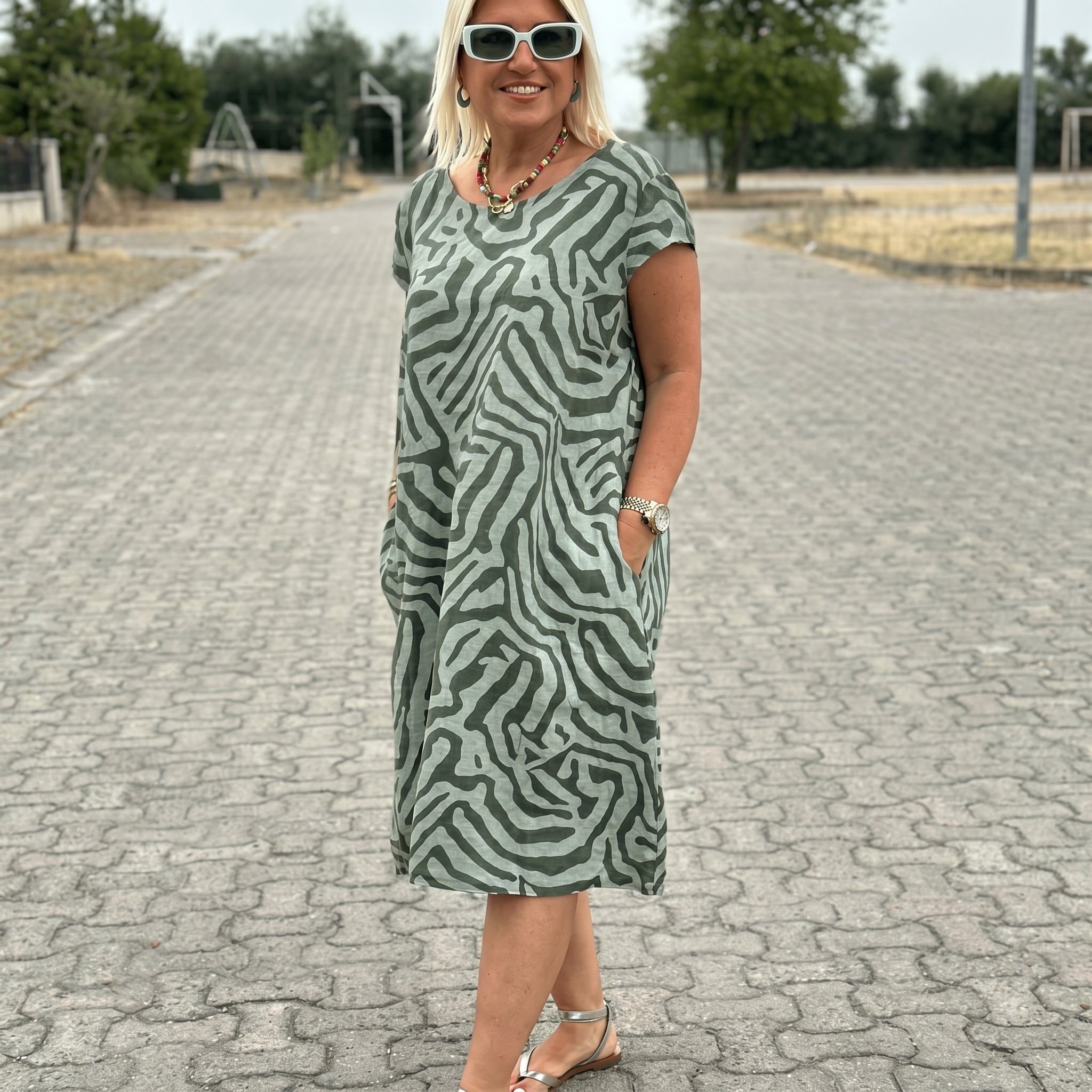 Sarah - Women's Summer Abstract Print Cap Sleeve Midi Dress - Midi Dress - Green - Davies & Cooper