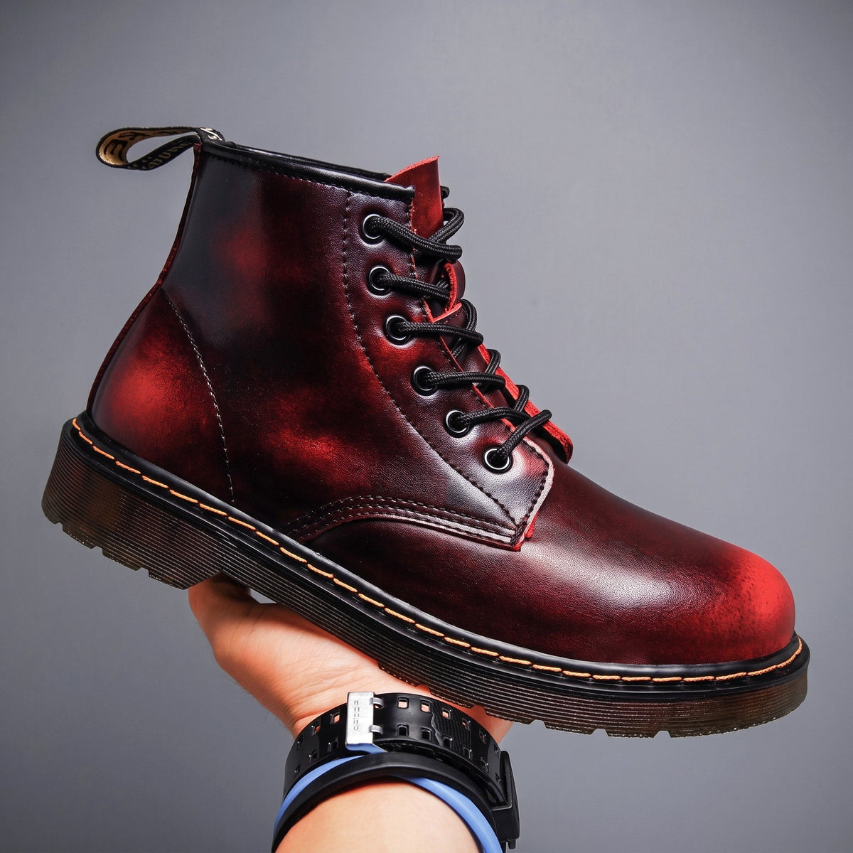 Sebastian - Men's Lace-Up Ankle Boots with Ombré Finish and Chunky Sole - Boots - Red - Davies & Cooper
