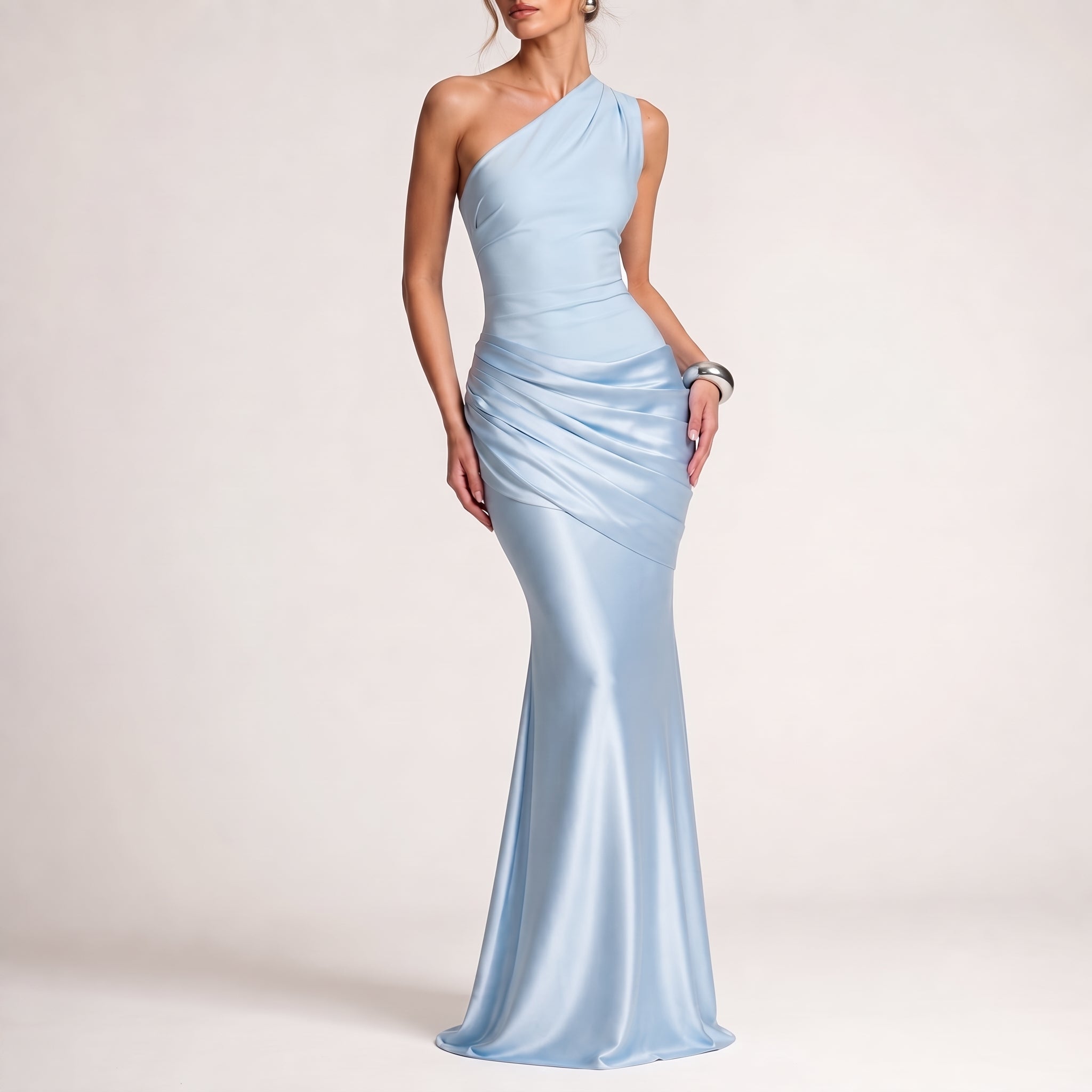 Serena - Women's Evening One-Shoulder Ruched Maxi Dress - Dresses - Blue - Davies & Cooper