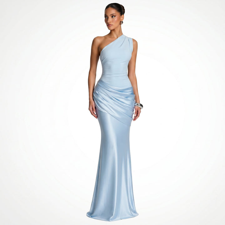 Serena - Women's Evening One-Shoulder Ruched Maxi Dress - Maxi Dresses - Blue - Davies & Cooper