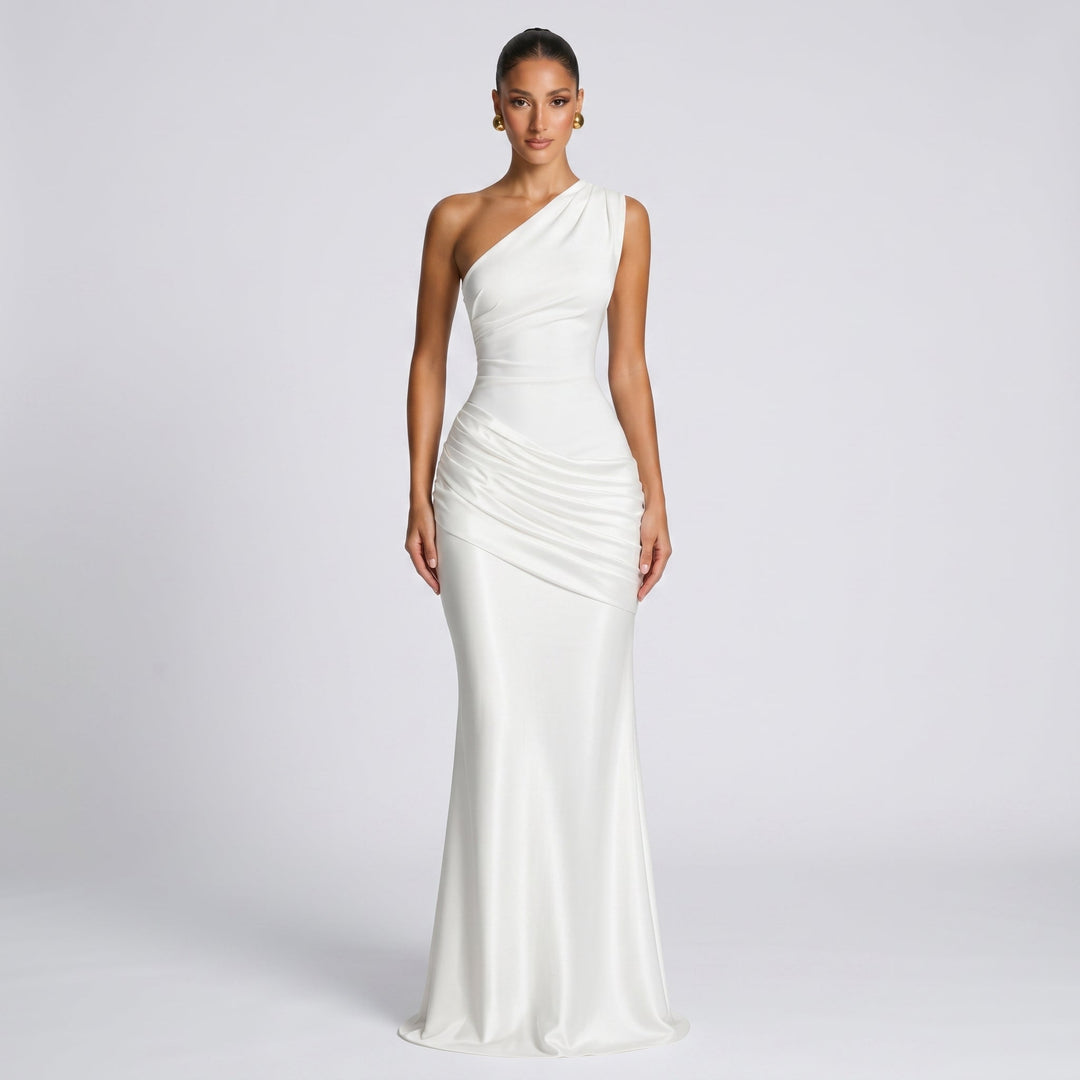 Serena - Women's Evening One-Shoulder Ruched Maxi Dress - Maxi Dresses - White - Davies & Cooper