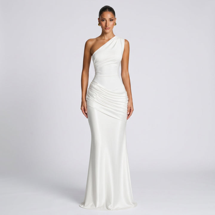 Serena - Women's Evening One-Shoulder Ruched Maxi Dress - Maxi Dresses - White - Davies & Cooper