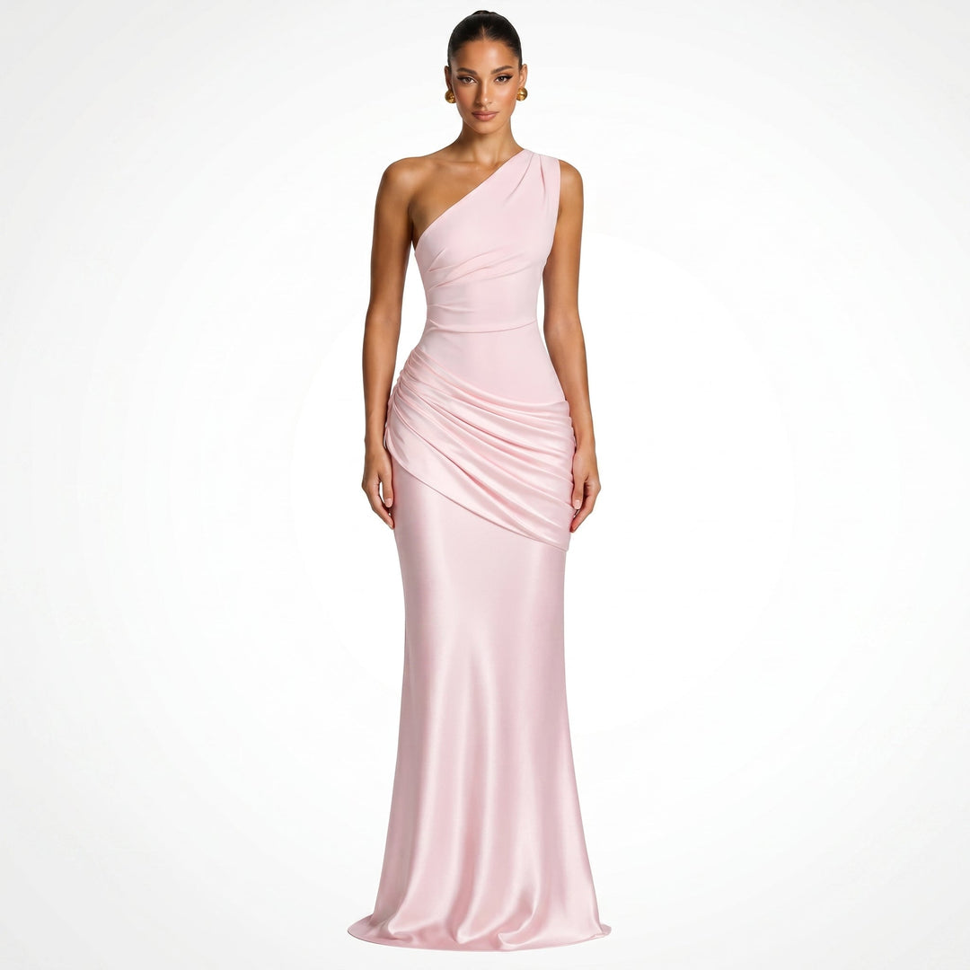 Serena - Women's Evening One-Shoulder Ruched Maxi Dress - Maxi Dresses - Pink - Davies & Cooper