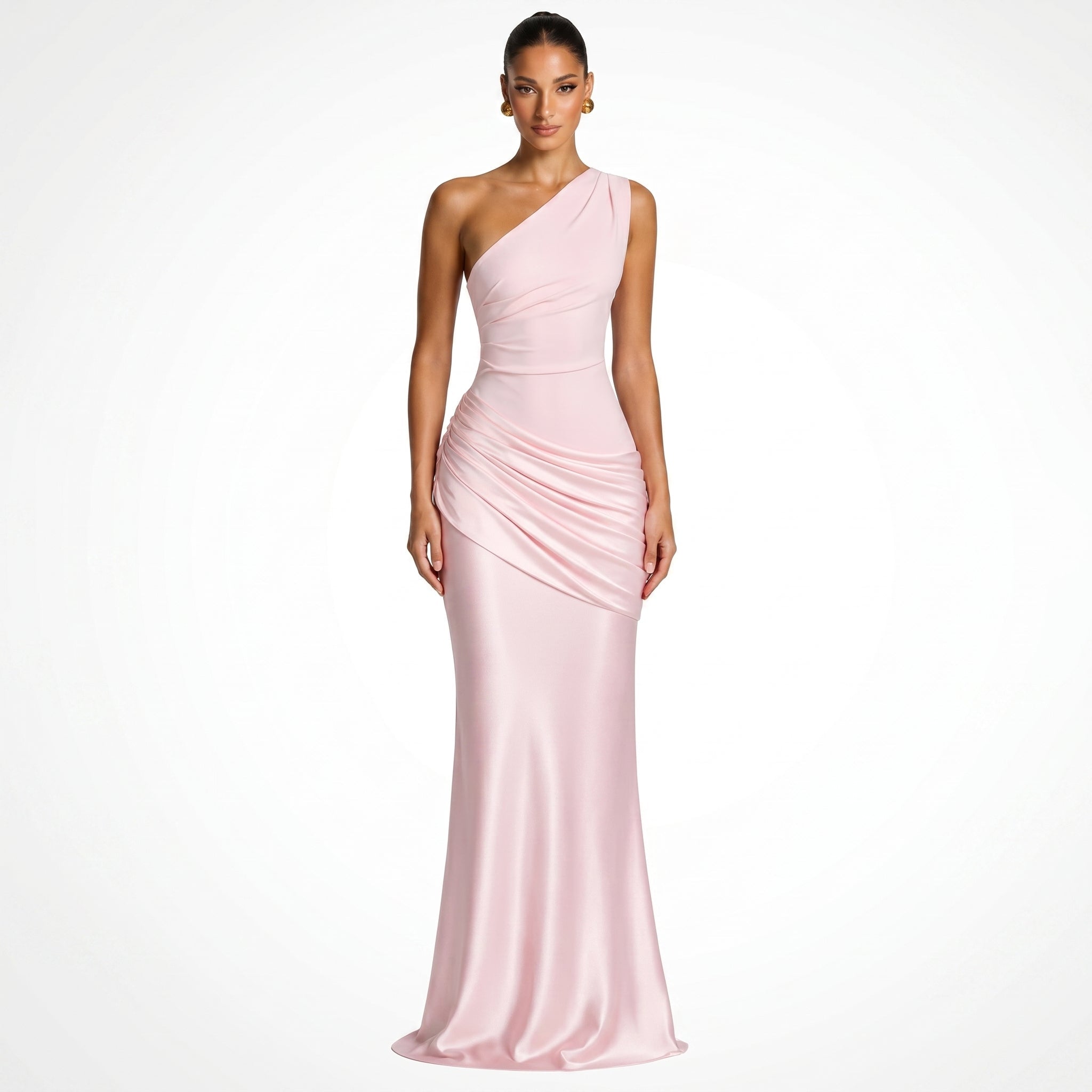 Serena - Women's Evening One-Shoulder Ruched Maxi Dress - Maxi Dresses - Pink - Davies & Cooper