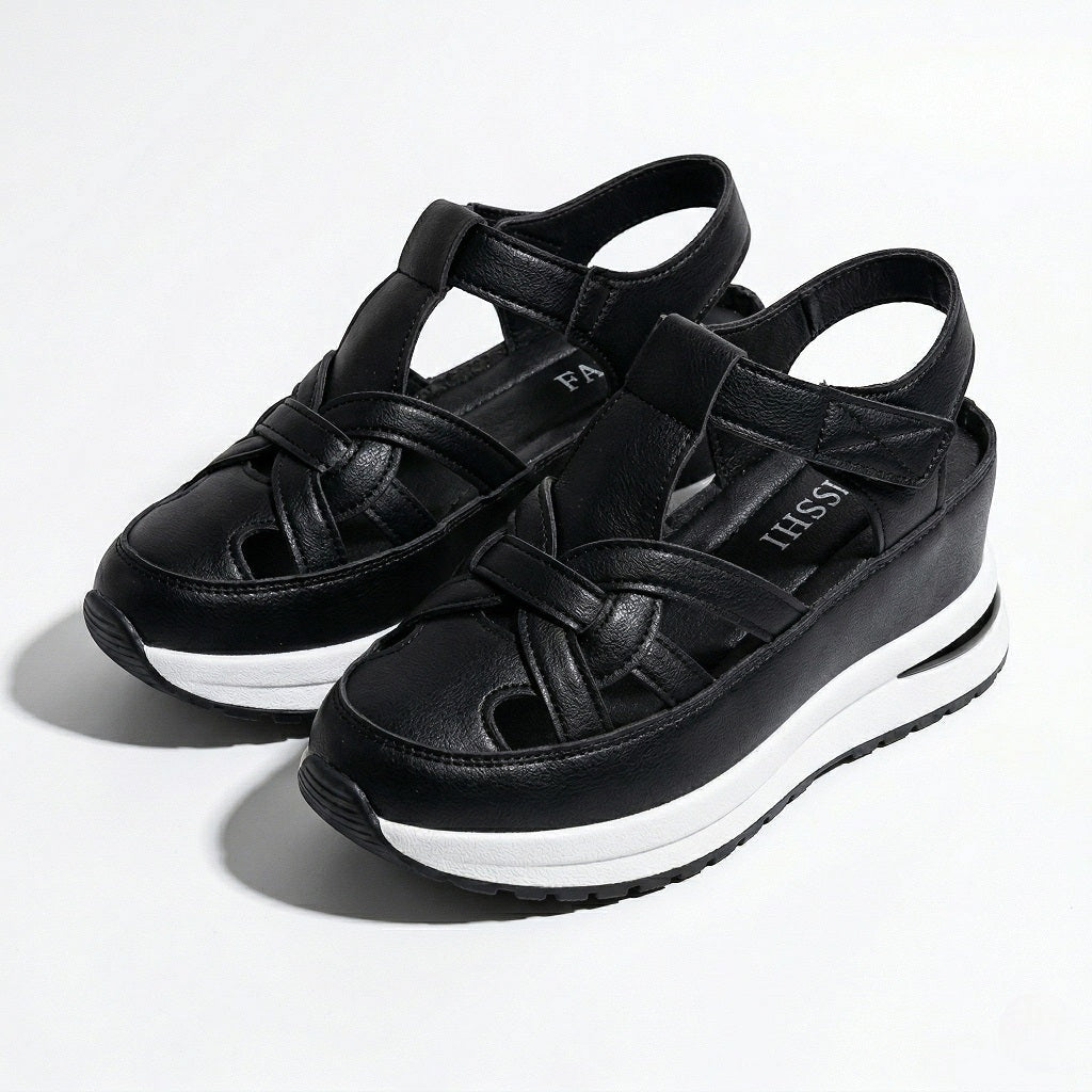 Serena - Women's Platform Sandals with Cut - Out Straps - Sandals - Black - Davies & Cooper