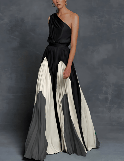 Sofia - Women's Evening One-Shoulder Colour Block Maxi Dress