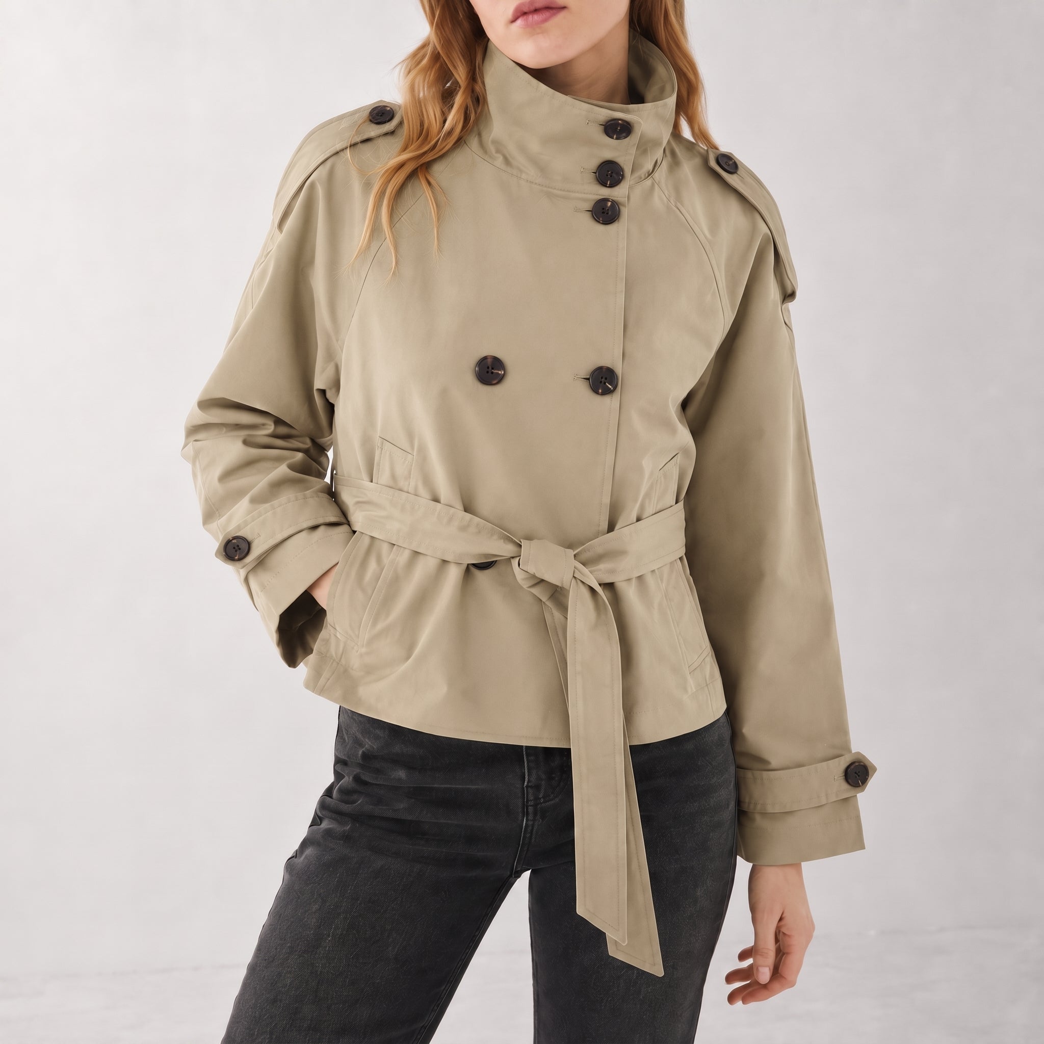 Sibylle - Women's Cropped Double-Breasted Trench Coat - Trench Coats - Khaki - Davies & Cooper