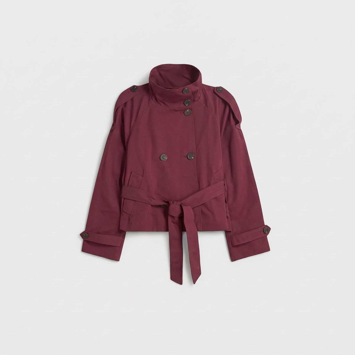 Sibylle - Women's Cropped Double-Breasted Trench Coat - Trench Coats - Burgundy - Davies & Cooper