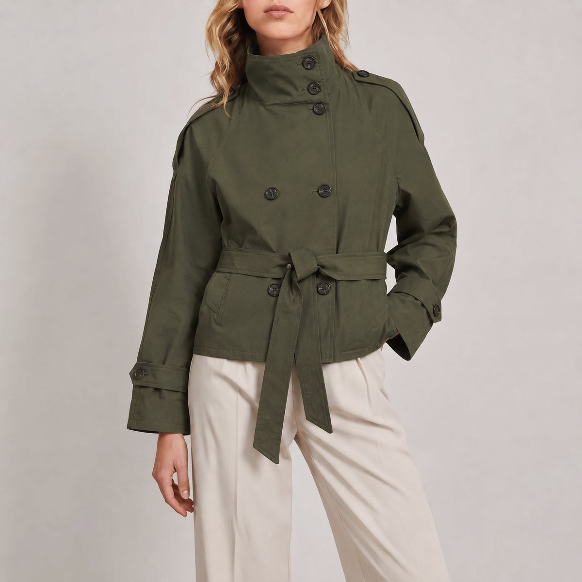 Sibylle - Women's Cropped Double-Breasted Trench Coat - Trench Coats - Green - Davies & Cooper