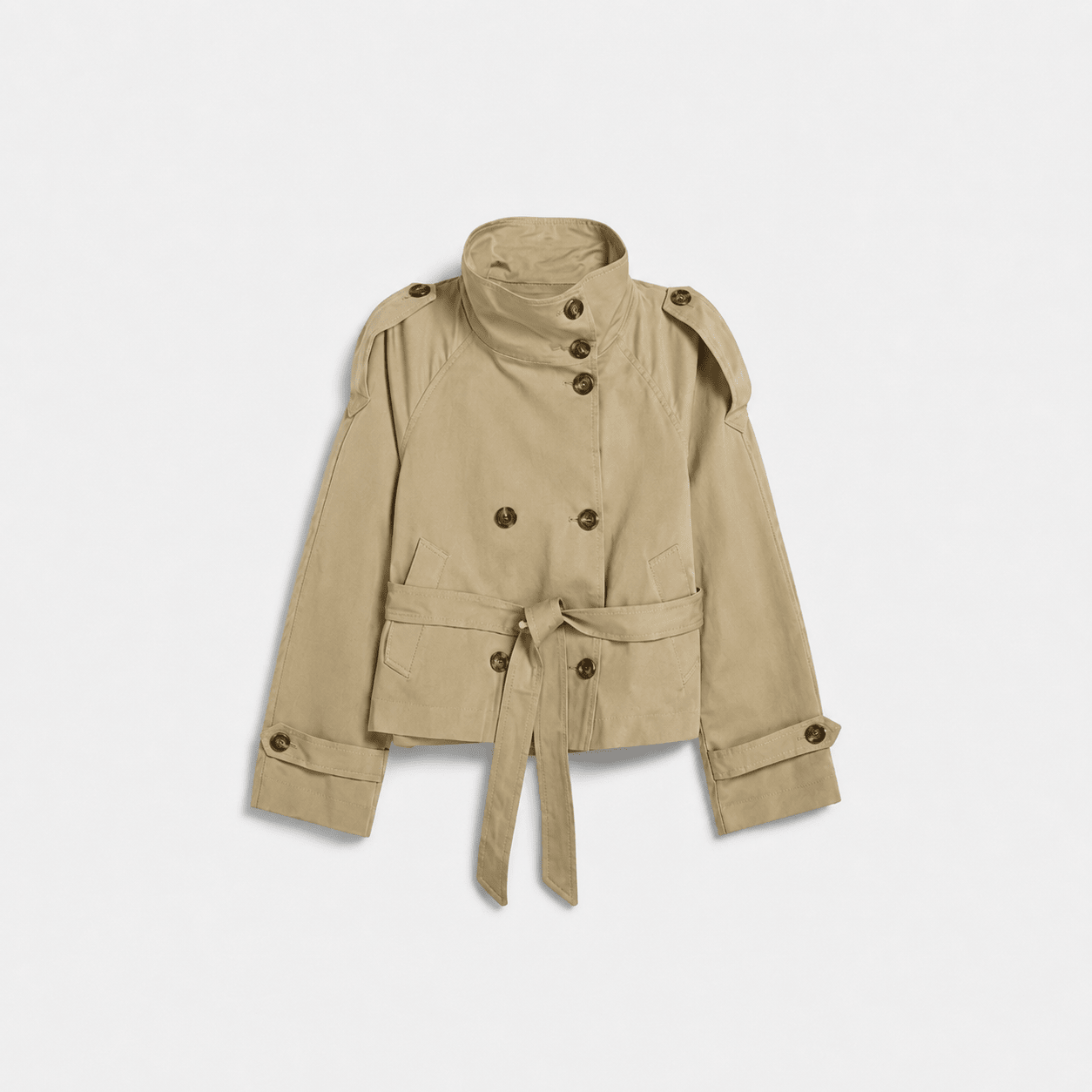 Sibylle - Women's Cropped Double-Breasted Trench Coat - Trench Coats - Khaki - Davies & Cooper