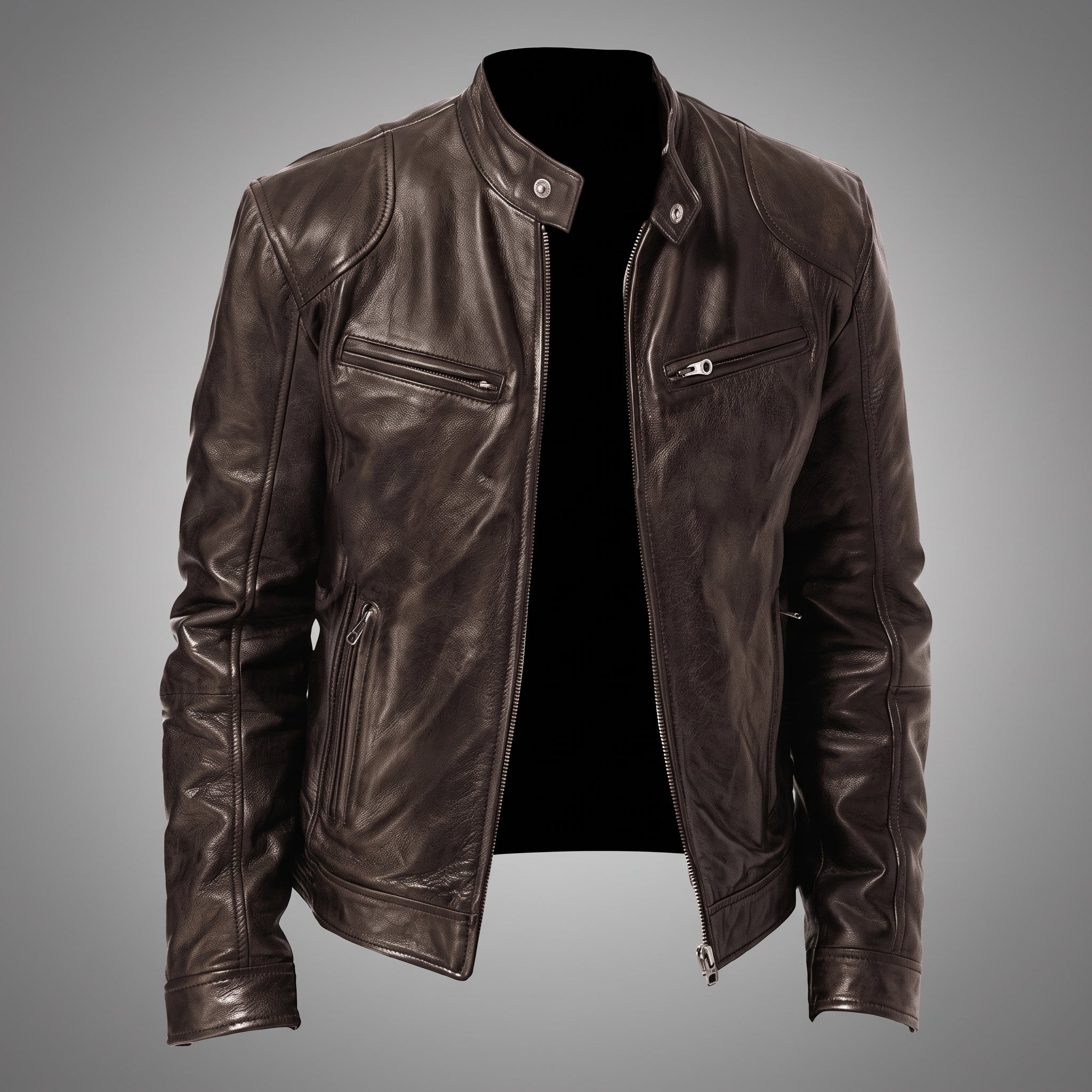 Siegfried - Men's Slim Fit Transitional Jacket with Snap Collar - Motorcycle Outerwear - Brown - Davies & Cooper