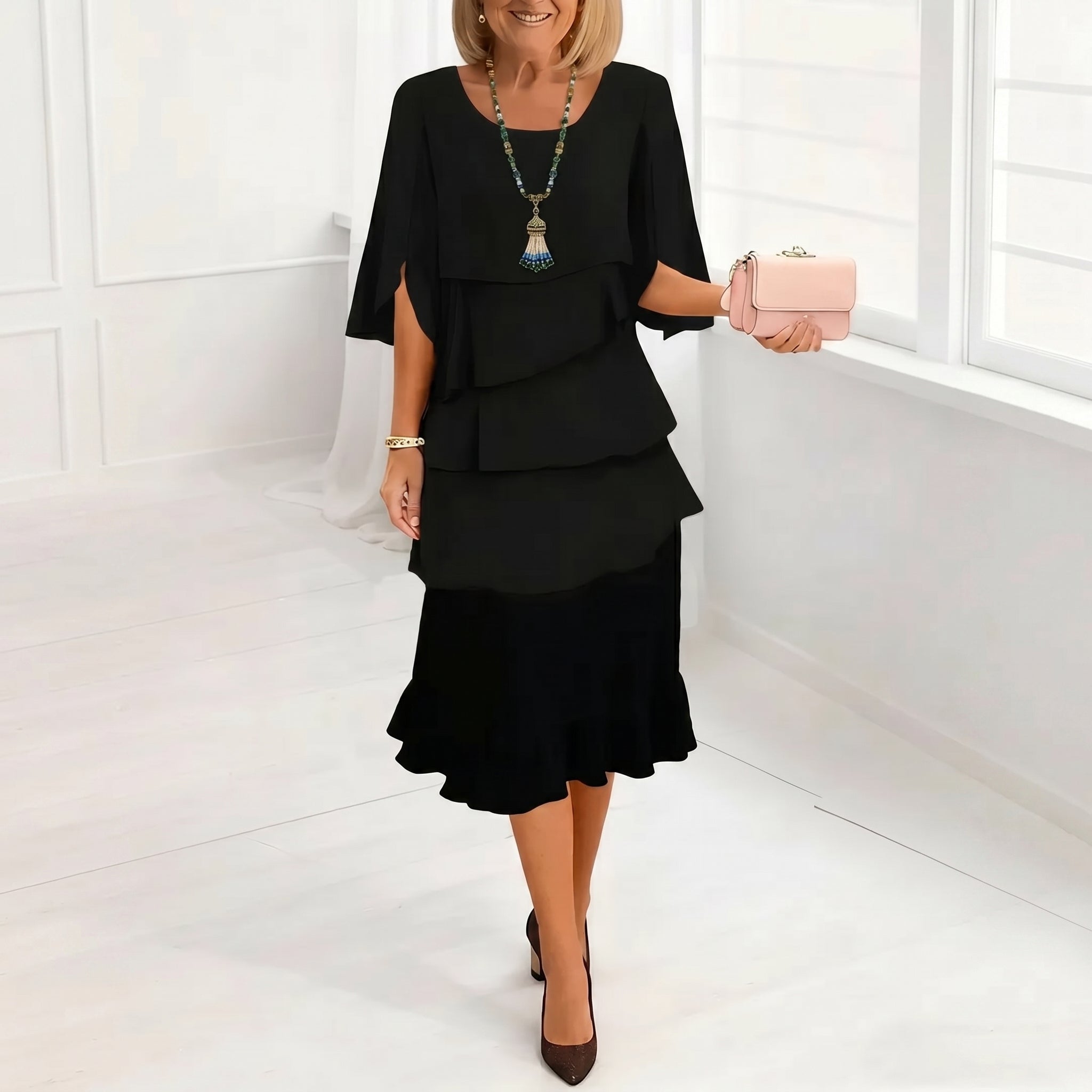 Sienna - Women's Party Layered Cape Sleeve Ruffle Midi Dress - Midi Dress - Black - Davies & Cooper