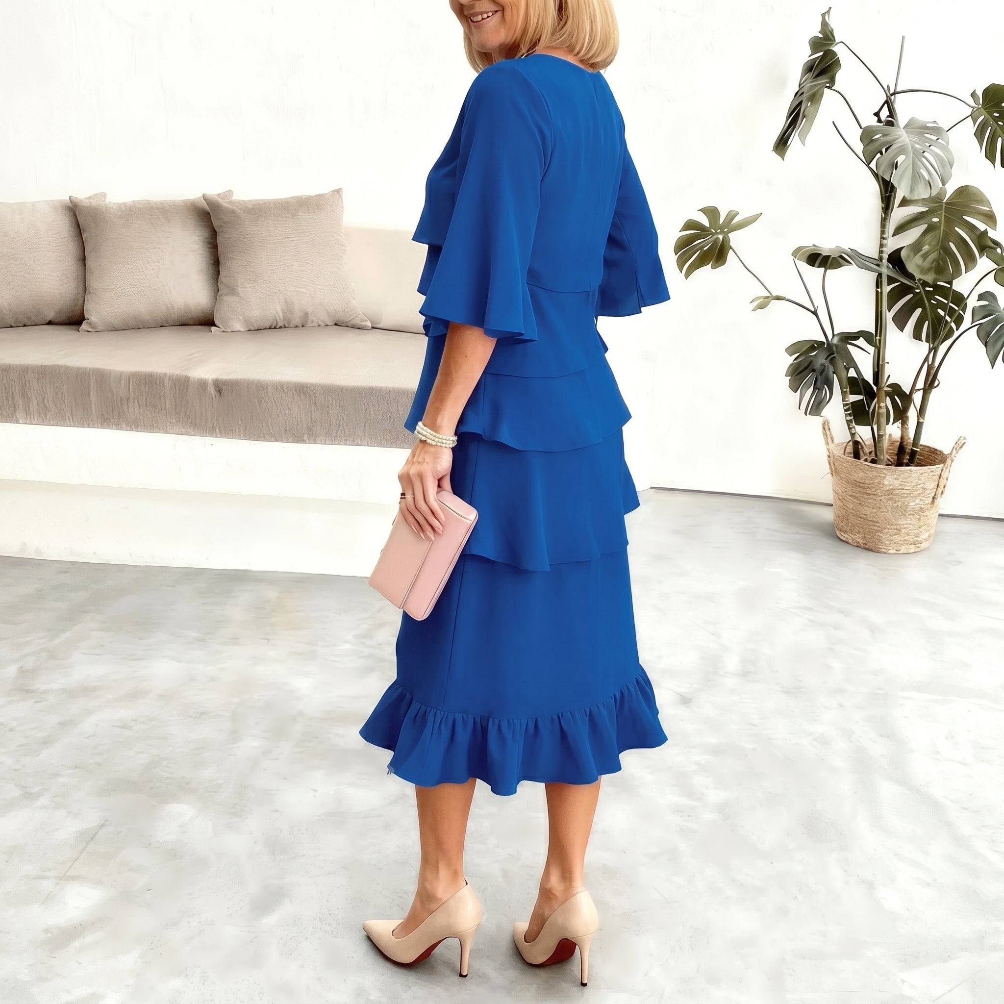Sienna - Women's Party Layered Cape Sleeve Ruffle Midi Dress - Midi Dress - Blue - Davies & Cooper
