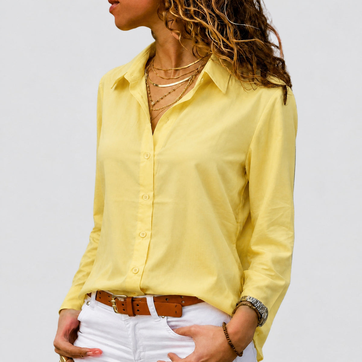 Sienna - Women's Relaxed Fit Long Sleeve V-Neck Blouse - Blouses - Yellow - Davies & Cooper