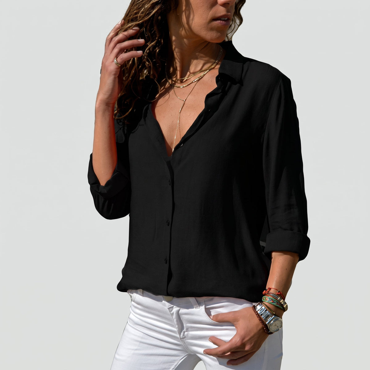 Sienna - Women's Relaxed Fit Long Sleeve V-Neck Blouse - Blouses - Black - Davies & Cooper
