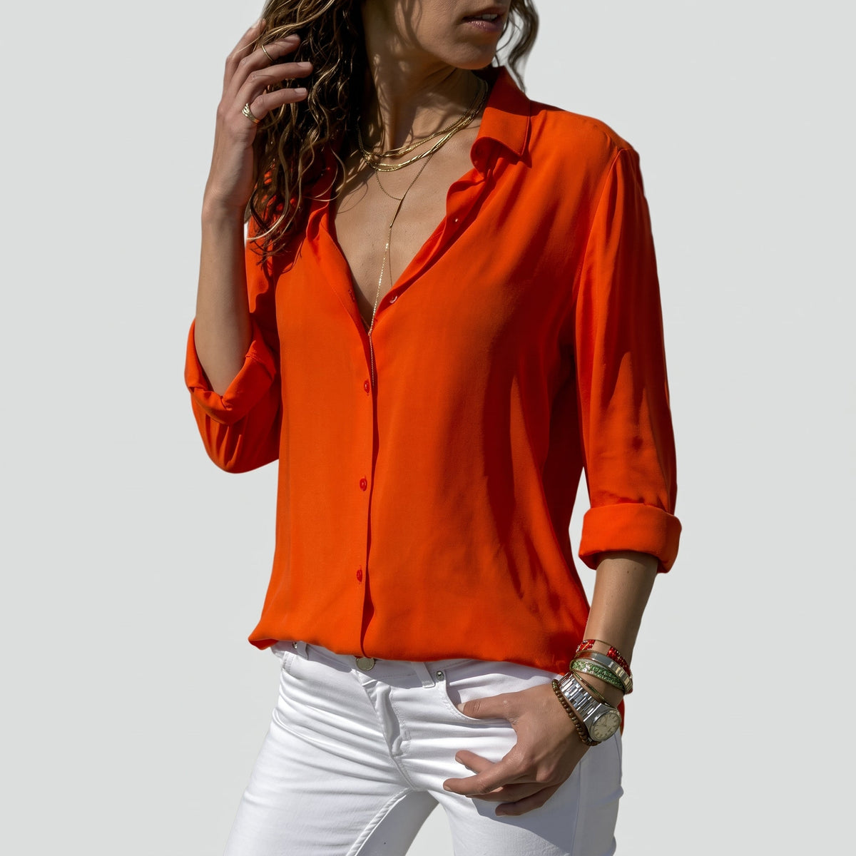 Sienna - Women's Relaxed Fit Long Sleeve V-Neck Blouse - Blouses - Orange - Davies & Cooper
