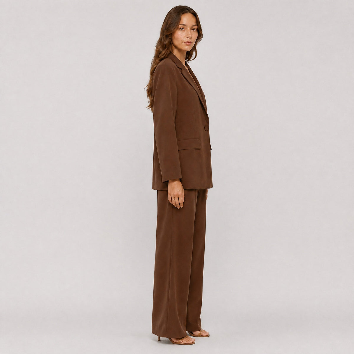 Sienna - Women's Tailored Wide-Leg Trouser Blazer Set - Outfit Sets - Brown - Davies & Cooper