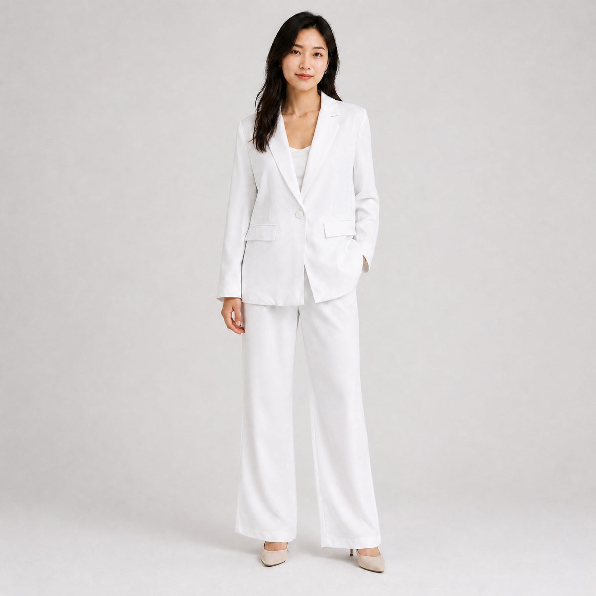 Sienna - Women's Tailored Wide-Leg Trouser Blazer Set - Outfit Sets - White - Davies & Cooper