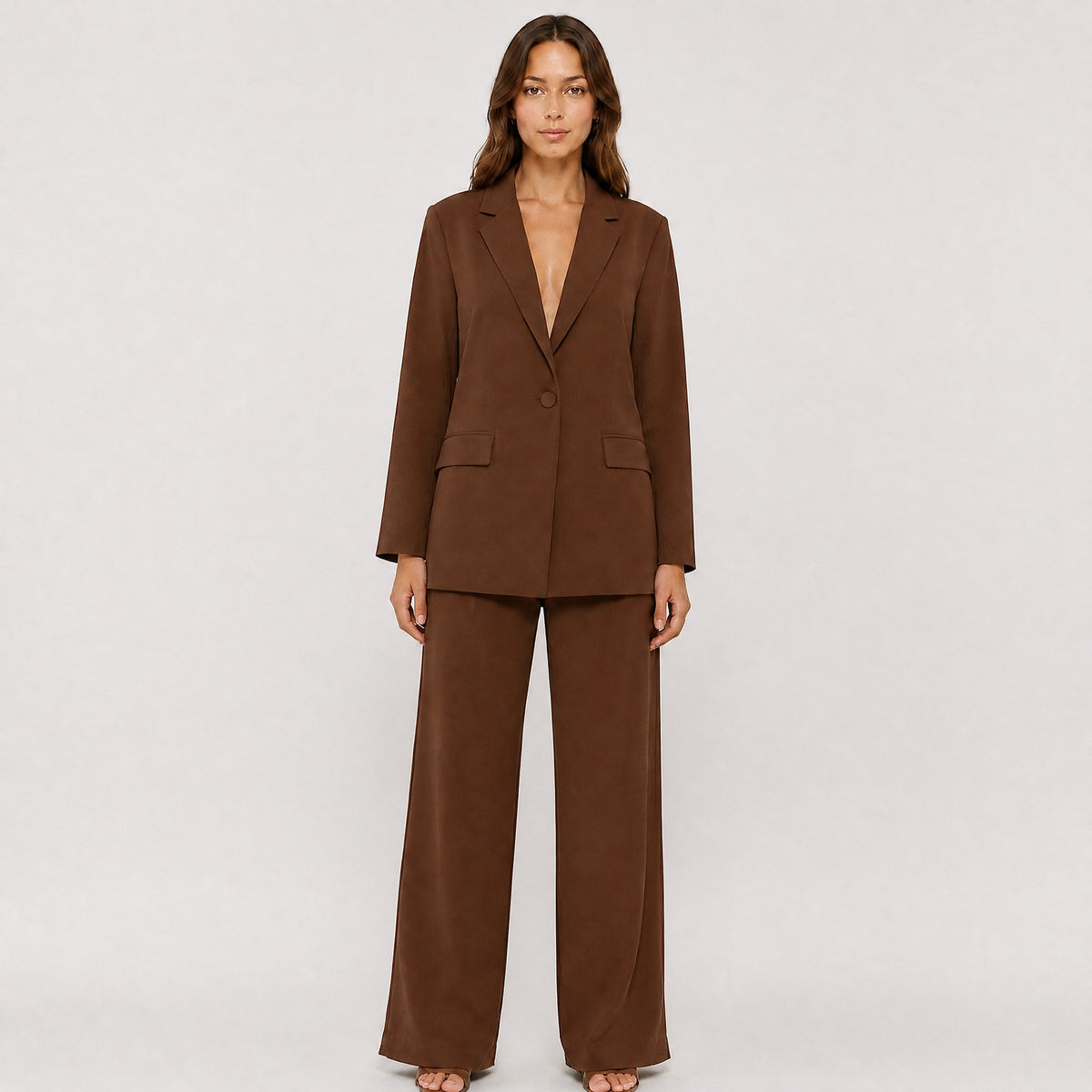 Sienna - Women's Tailored Wide-Leg Trouser Blazer Set - Outfit Sets - Brown - Davies & Cooper
