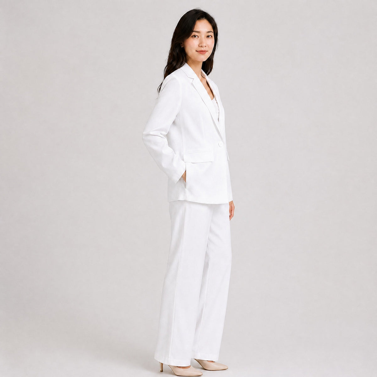 Sienna - Women's Tailored Wide-Leg Trouser Blazer Set - Outfit Sets - White - Davies & Cooper