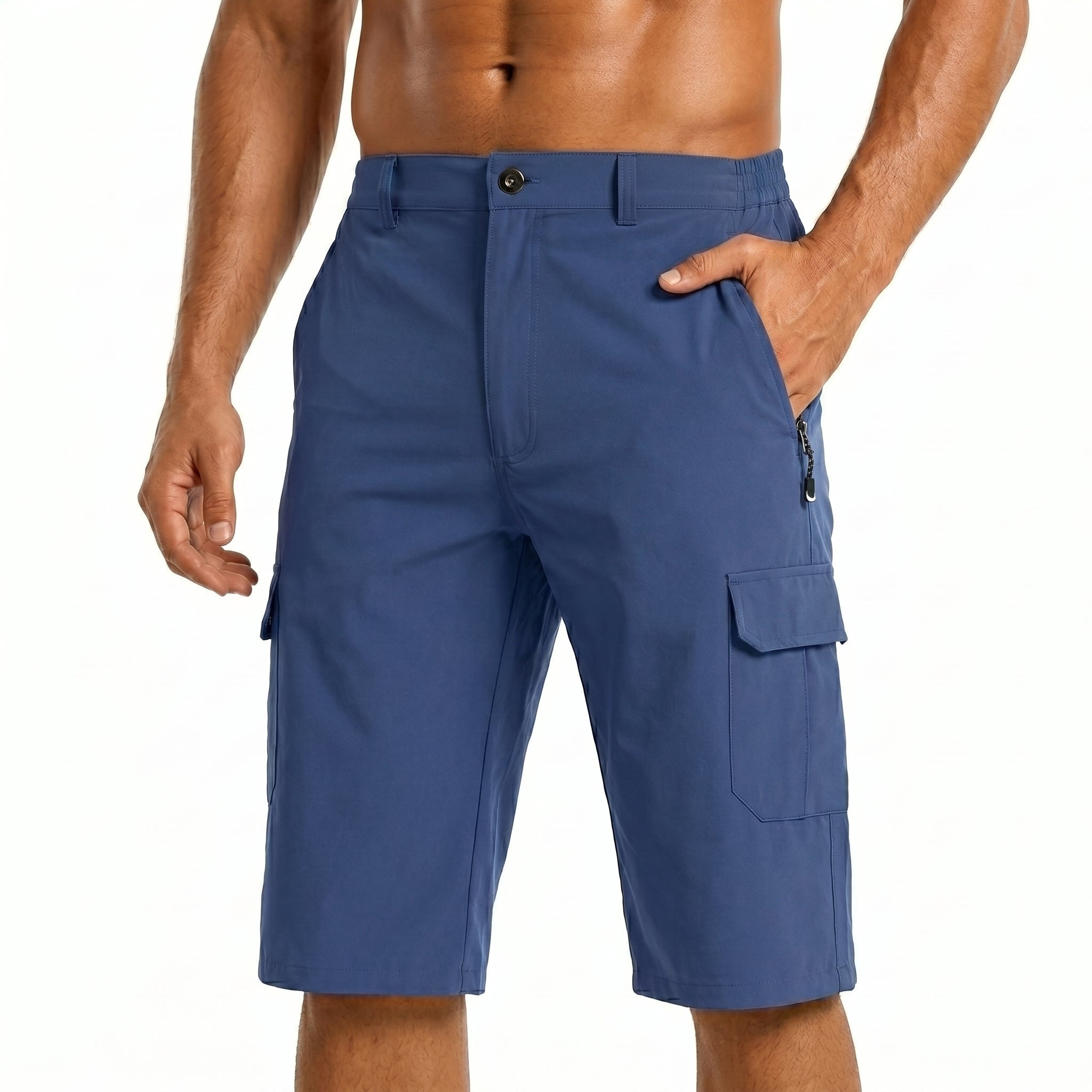 Simon - Men's Summer Slim Fit Zip Cargo Capri Shorts - Shorts - Blue - Davies & Cooper