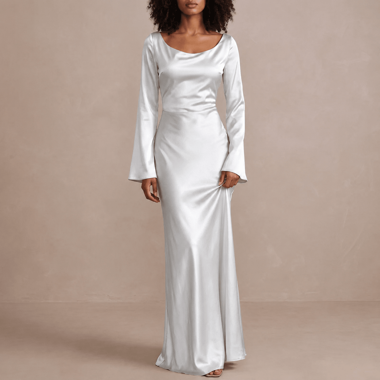 Sofia - Women's Evening Fitted Maxi Dress with Flared Cuffs - Dresses - White - Davies & Cooper