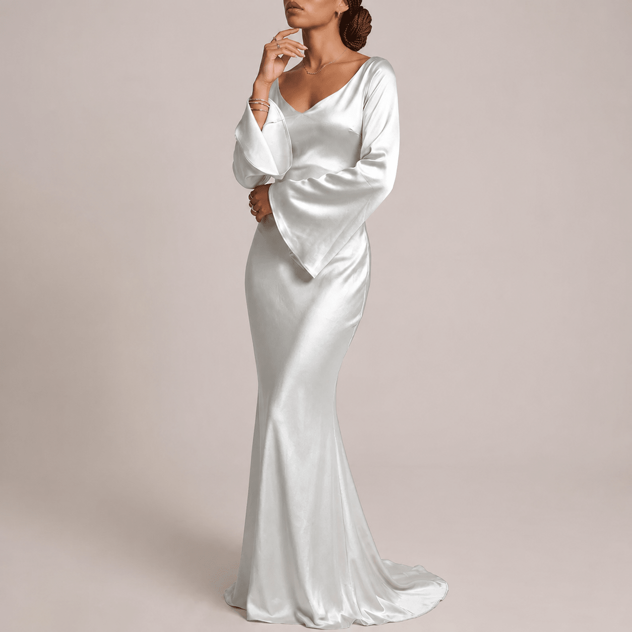 Sofia - Women's Evening Fitted Maxi Dress with Flared Cuffs - Dresses - White - Davies & Cooper