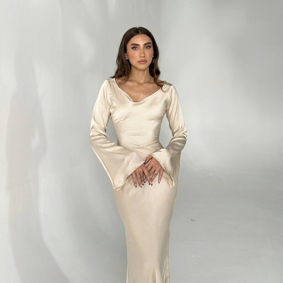 Sofia - Women's Evening Fitted Maxi Dress with Flared Cuffs - Maxi Dresses - White - Davies & Cooper