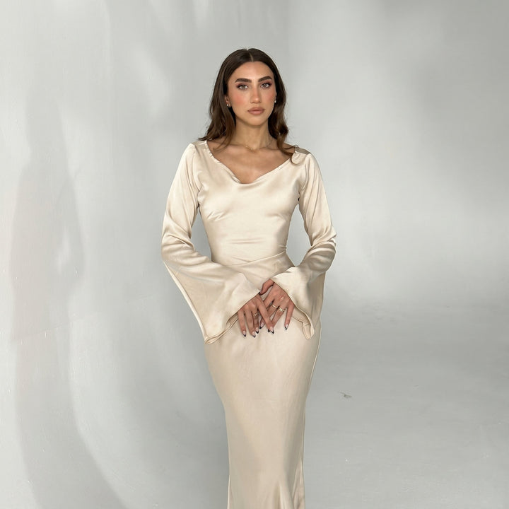 Sofia - Women's Evening Fitted Maxi Dress with Flared Cuffs - Maxi Dresses - White - Davies & Cooper