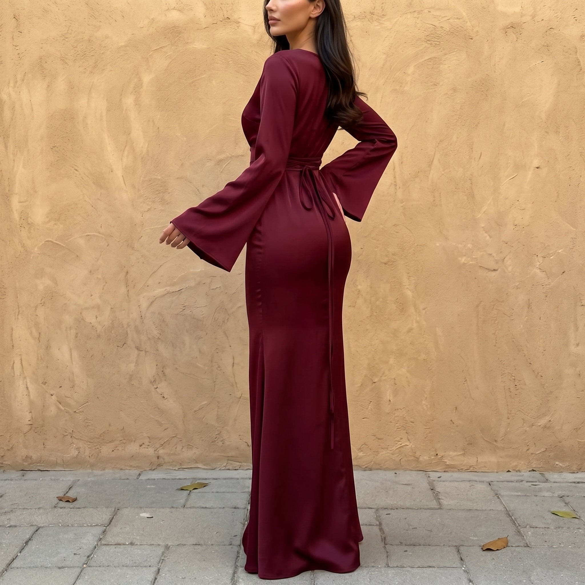 Sofia - Women's Evening Fitted Maxi Dress with Flared Cuffs - Maxi Dresses - Burgundy - Davies & Cooper