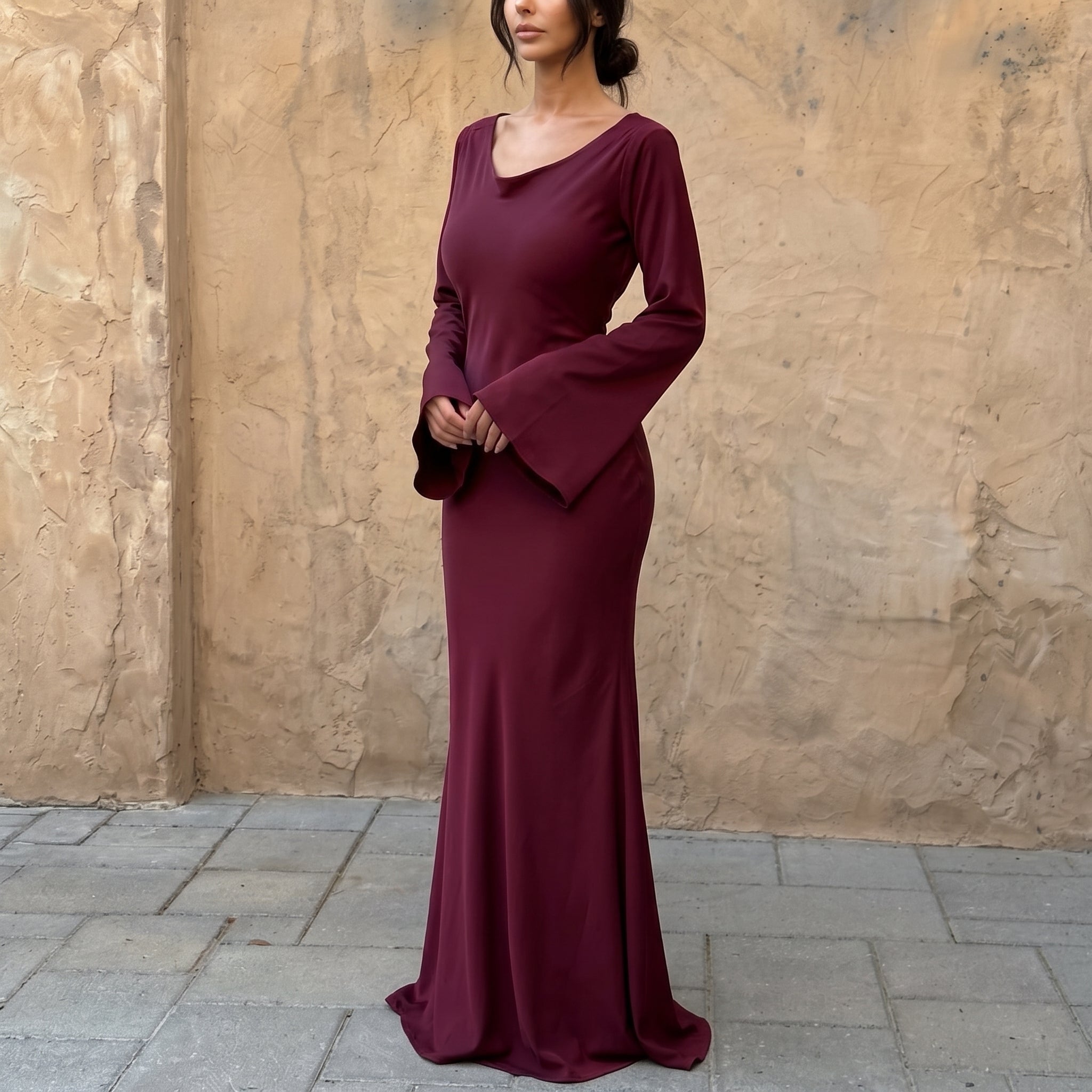 Sofia - Women's Evening Fitted Maxi Dress with Flared Cuffs - Maxi Dresses - Burgundy - Davies & Cooper