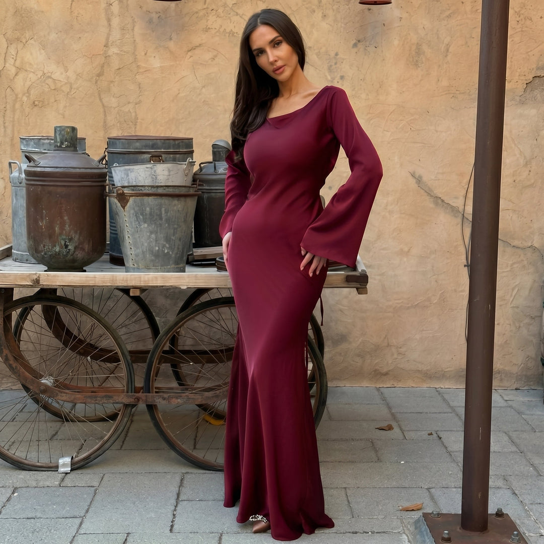 Sofia - Women's Evening Fitted Maxi Dress with Flared Cuffs - Maxi Dresses - Burgundy - Davies & Cooper