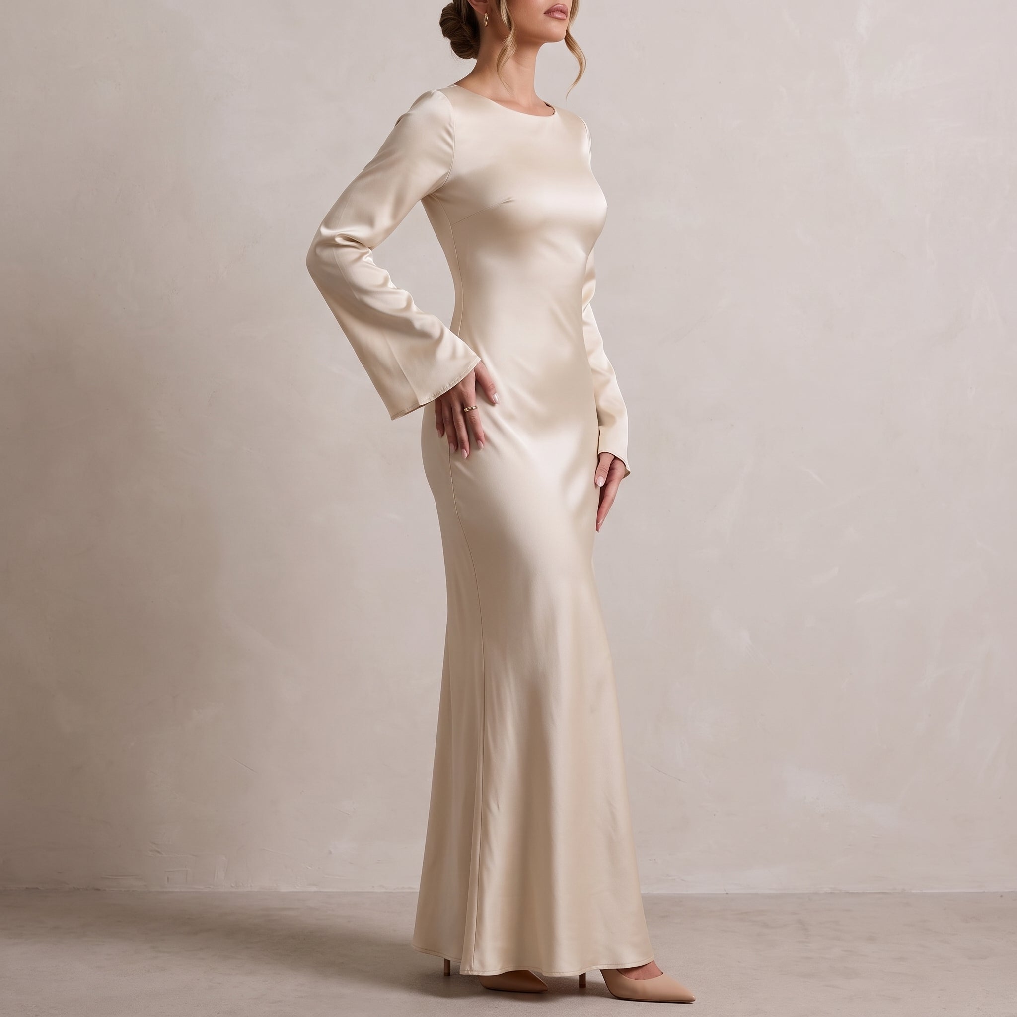 Sofia - Women's Evening Fitted Maxi Dress with Flared Cuffs - Maxi Dresses - White - Davies & Cooper