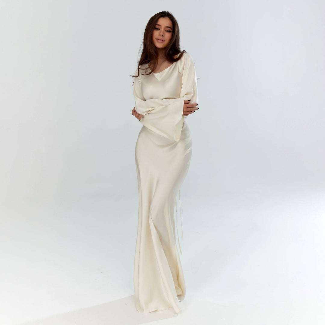 Sofia - Women's Evening Fitted Maxi Dress with Flared Cuffs - Maxi Dresses - White - Davies & Cooper