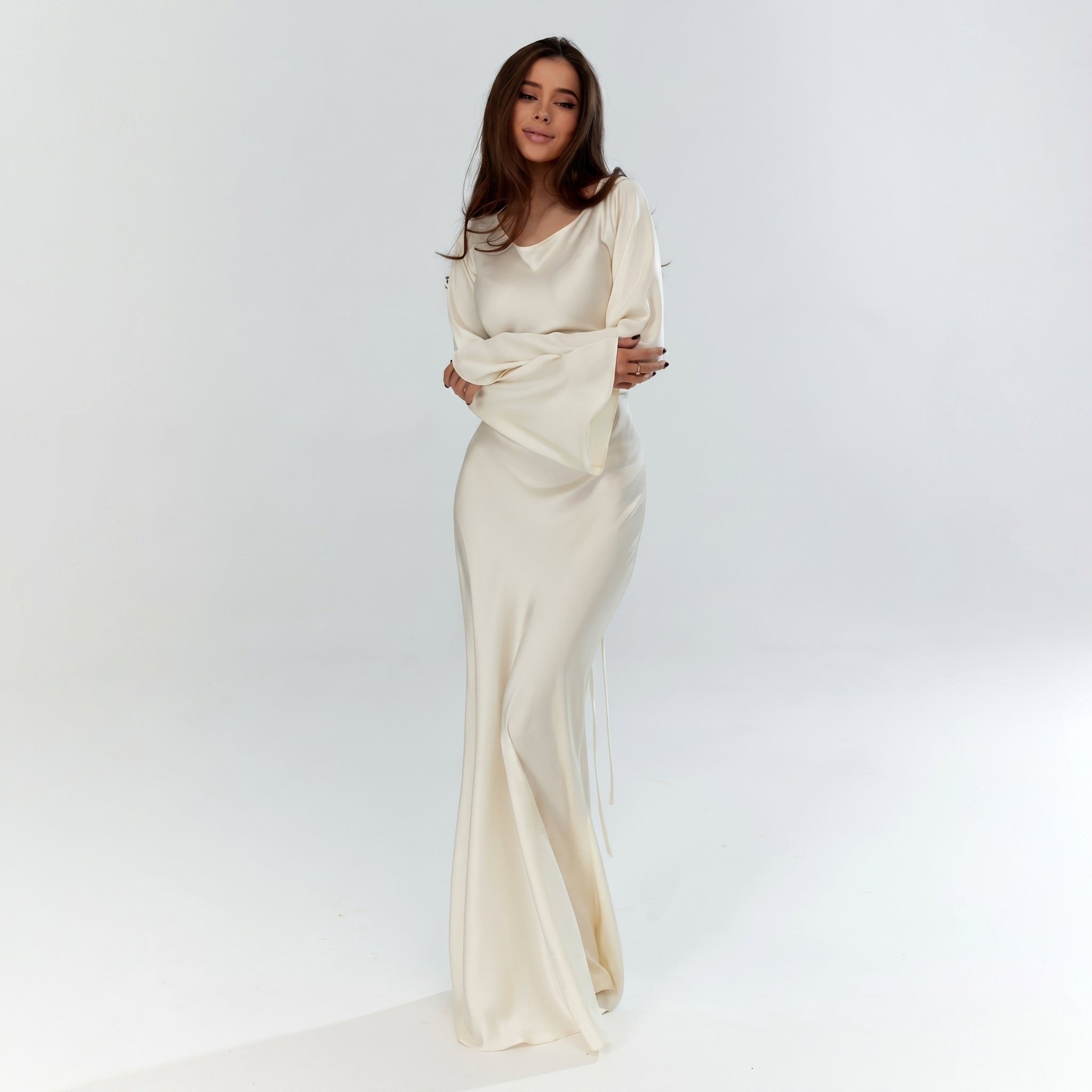 Sofia - Women's Evening Fitted Maxi Dress with Flared Cuffs - Maxi Dresses - White - Davies & Cooper