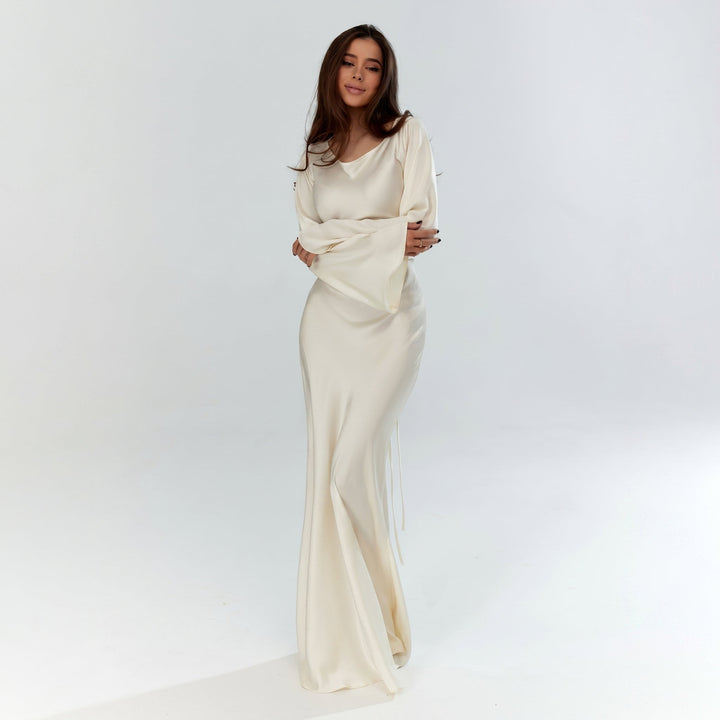 Sofia - Women's Evening Fitted Maxi Dress with Flared Cuffs - Maxi Dresses - White - Davies & Cooper