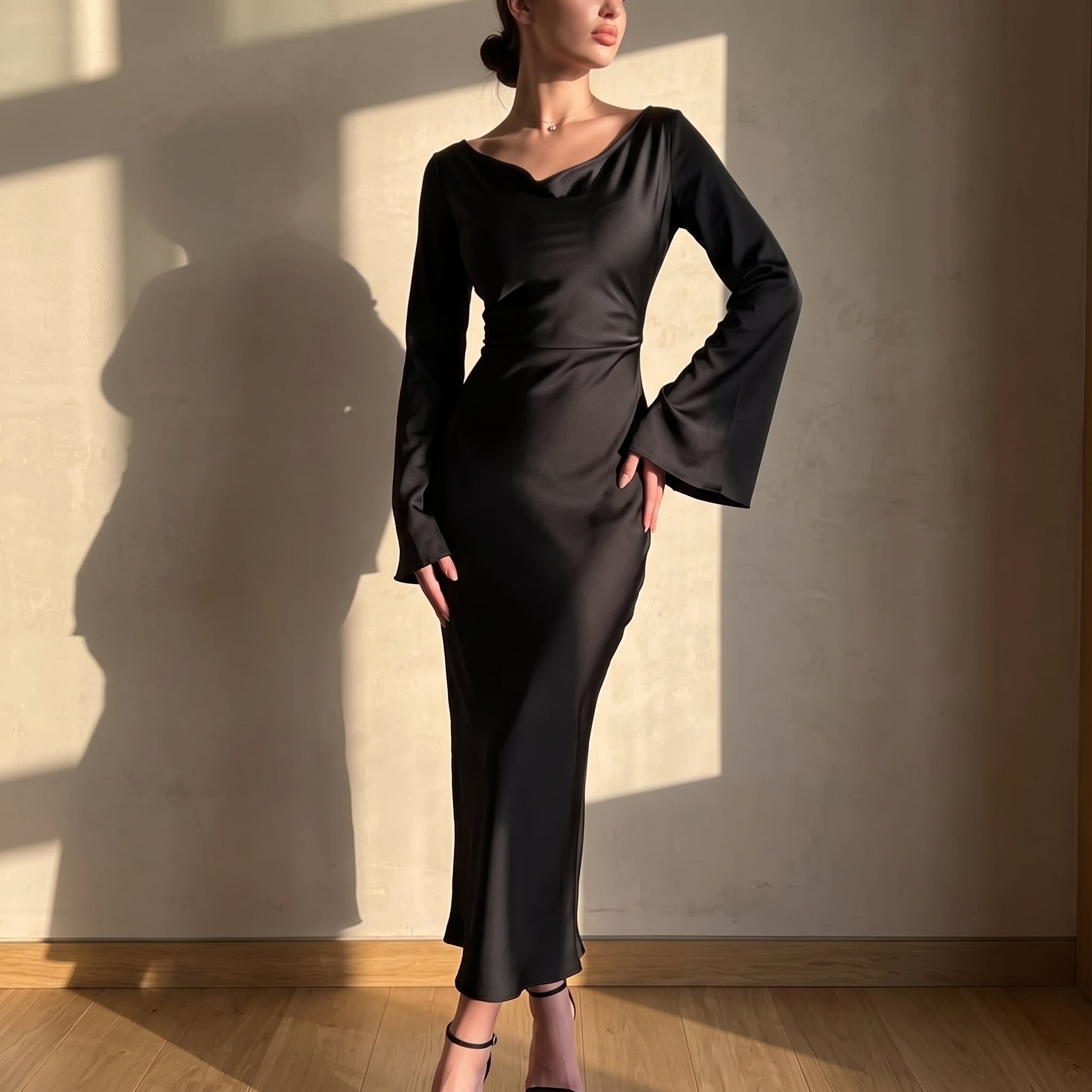 Sofia - Women's Evening Fitted Maxi Dress with Flared Cuffs - Maxi Dresses - Black - Davies & Cooper