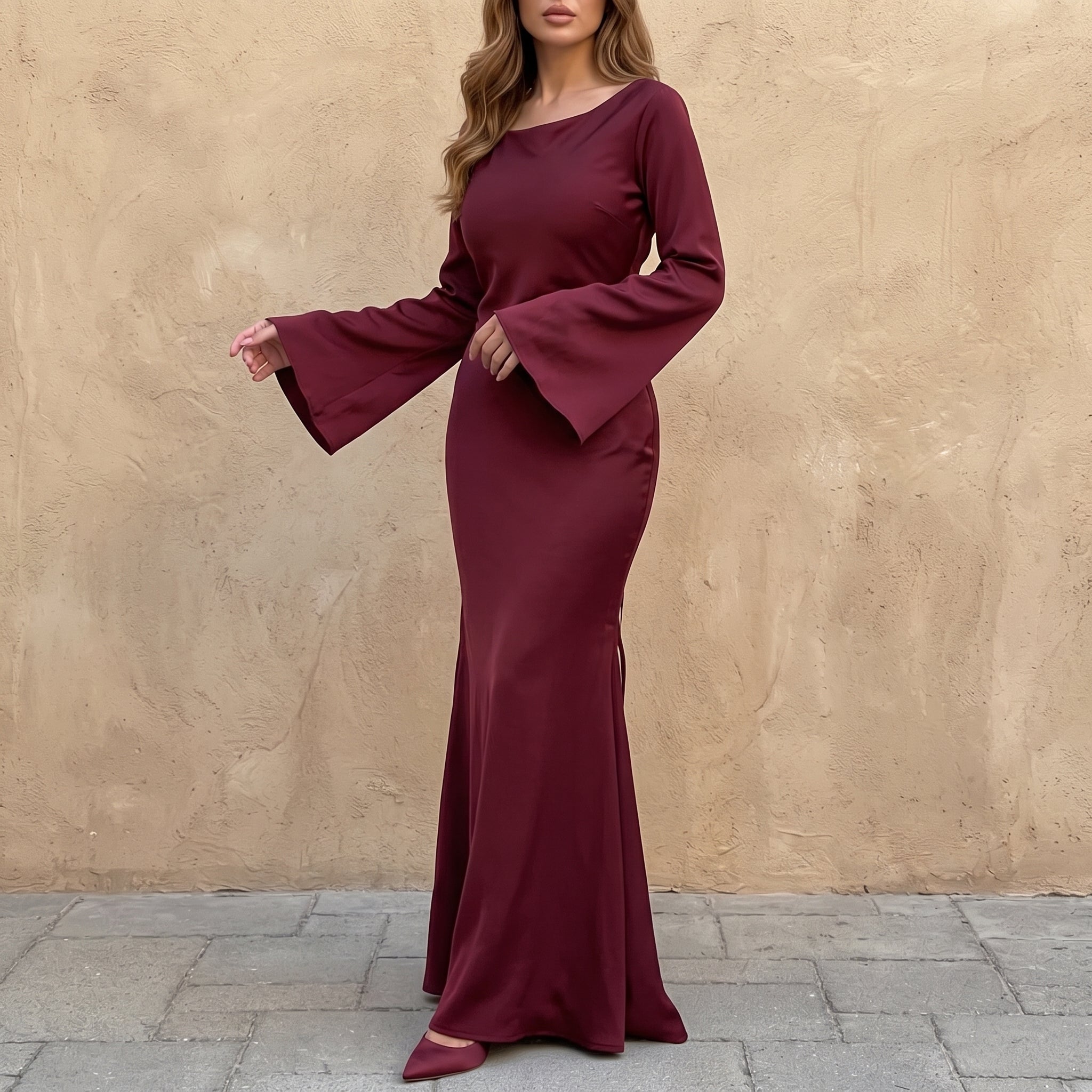 Sofia - Women's Evening Fitted Maxi Dress with Flared Cuffs - Maxi Dresses - Burgundy - Davies & Cooper